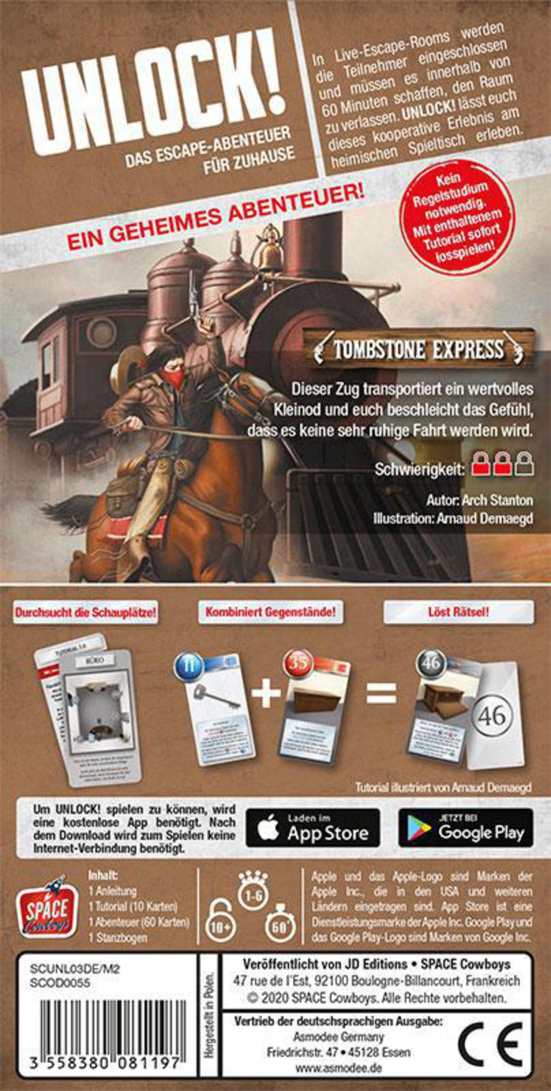 Schachtelkunst für das Spiel Unlock! Tombstone Express. Ein Cowboy auf einem Pferd vor einem Zug. Text auf Deutsch.