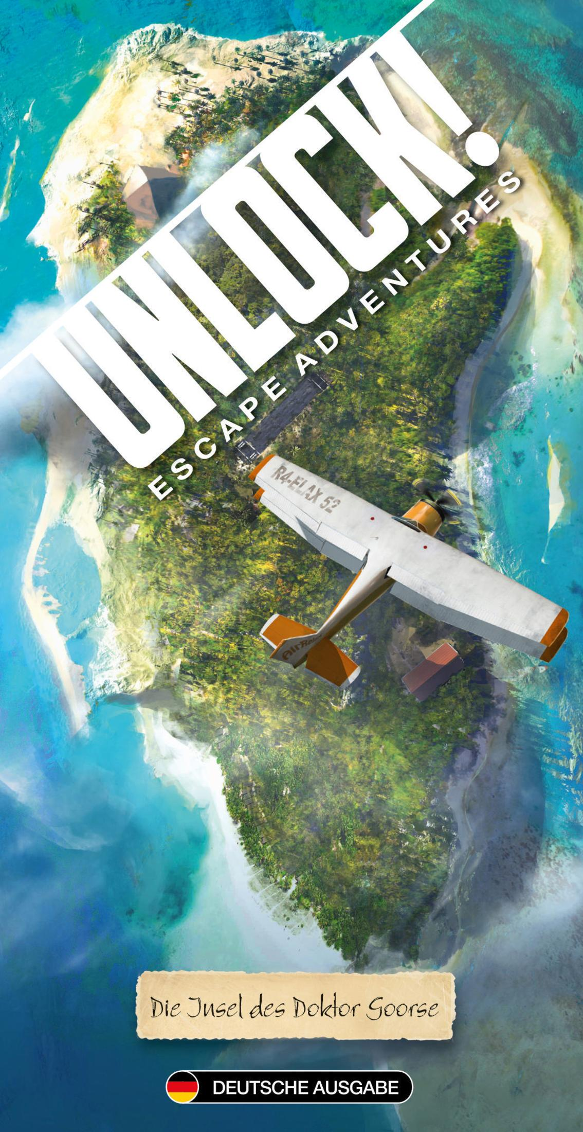Eine Insel mit einem Flugzeug, das darüber fliegt. Der Text oben lautet: UNLOCK! ESCAPE ADVENTURES. Unten steht es auf Deutsch.