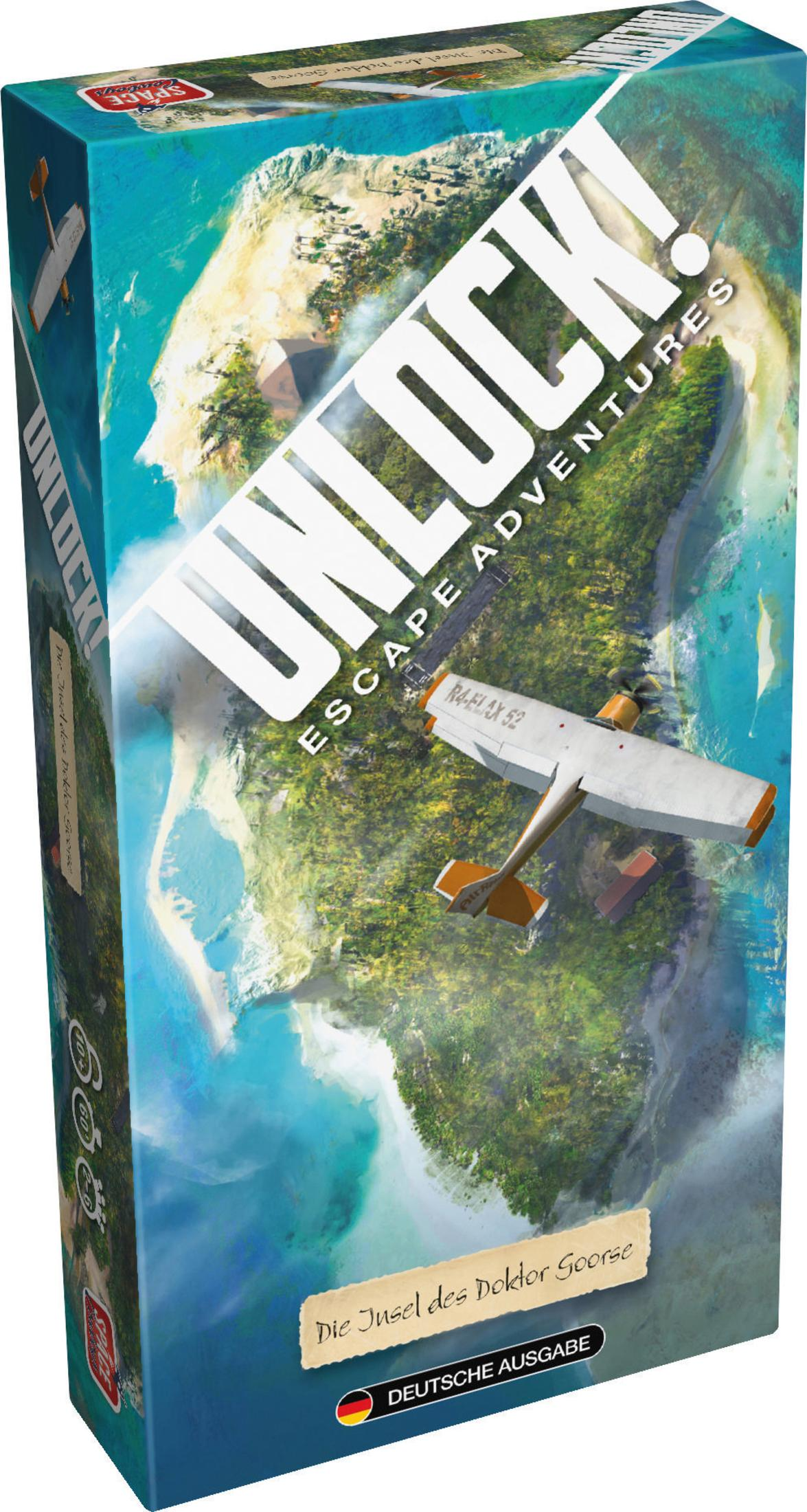 Schachtel des Unlock!-Escape-Adventure-Spiels. Zeigt eine Insel mit einem Flugzeug. Text lautet 'Die Insel des Doktor Goorse', deutsche Ausgabe.