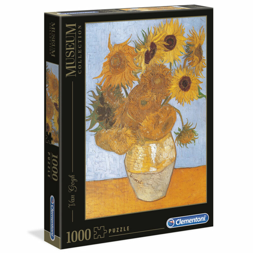Una scatola di puzzle del dipinto 'Girasoli' di Van Gogh. Raffigura girasoli gialli in un vaso, su uno sfondo blu e giallo.