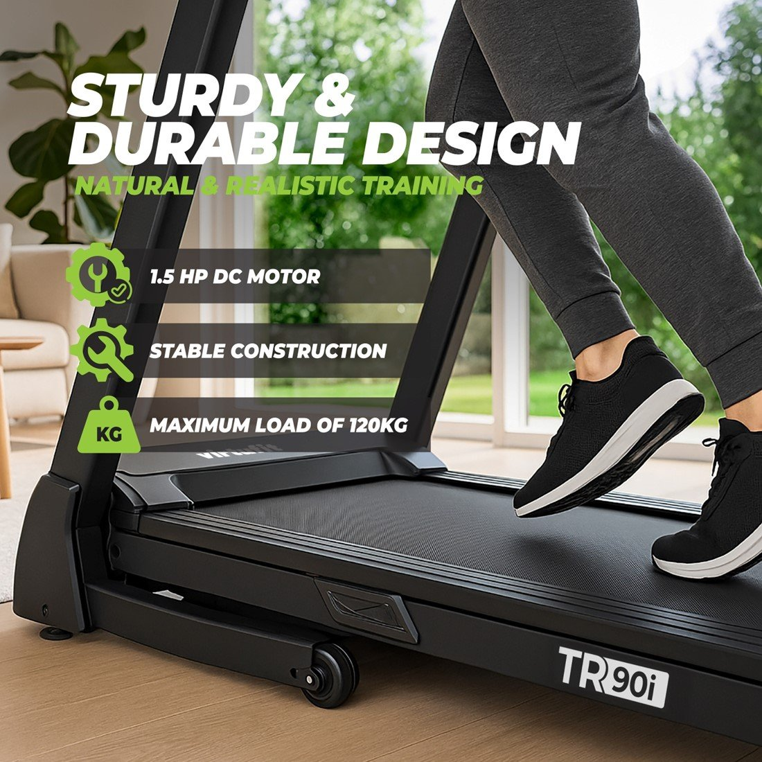 Eine Person läuft auf einem Laufband. Text auf dem Laufband: 'Sturdy & Durable Design'. Merkmale: 1,5 PS Motor, stabil, max. 120 kg.