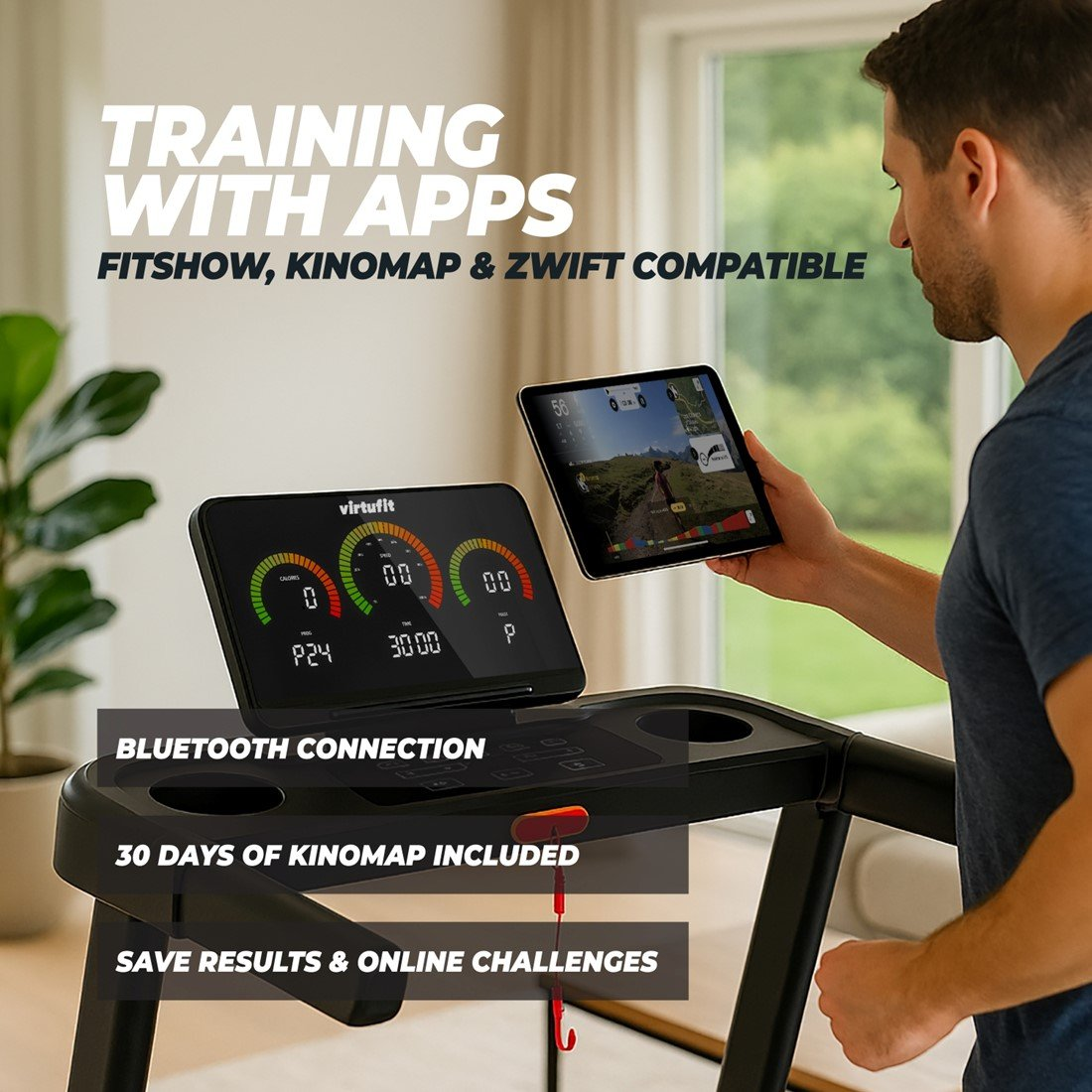 Mann auf Laufband mit Tablet, das eine Workout-App zeigt. Das Laufband-Display zeigt Statistiken. Text erwähnt App-Kompatibilität und Funktionen.