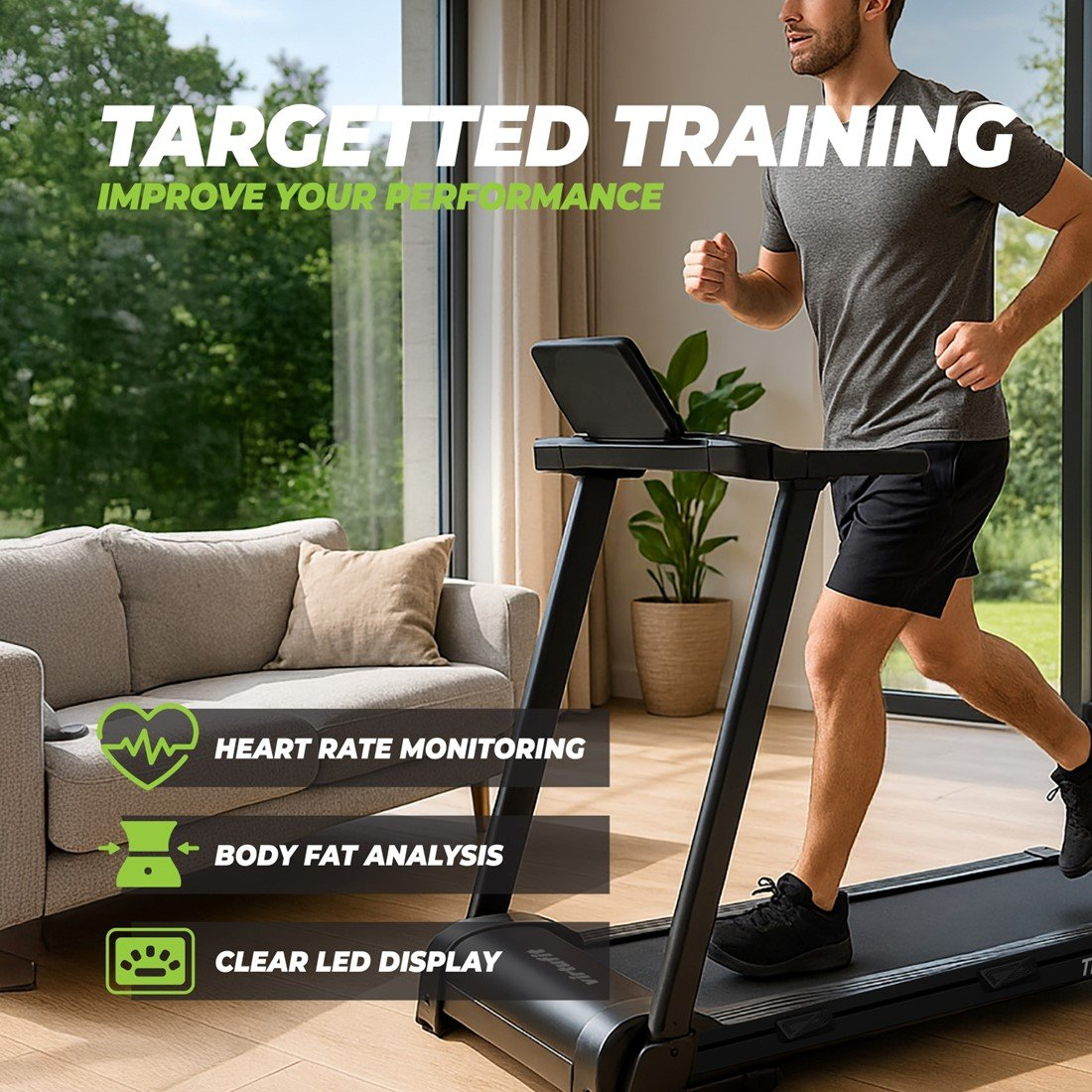 Ein Mann läuft auf einem Laufband. Text: Gezieltes Training, Herzfrequenzüberwachung, Körperfettanalyse, klares LED-Display.