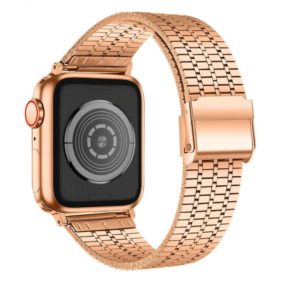 Eine roségoldene Smartwatch mit passendem Metallarmband wird auf weißem Hintergrund gezeigt. Das Zifferblatt ist schwarz.
