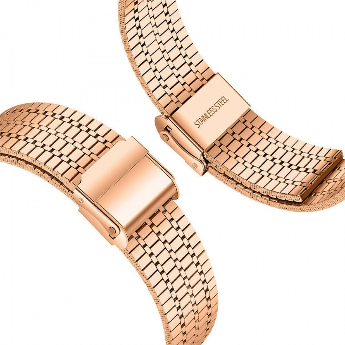 Zwei Abschnitte eines roségoldenen Uhrenarmbands mit Verschlüssen. Ein Verschluss trägt die Aufschrift 'STAINLESS STEEL'. Das Armband besteht aus kleinen, verbundenen Quadraten.