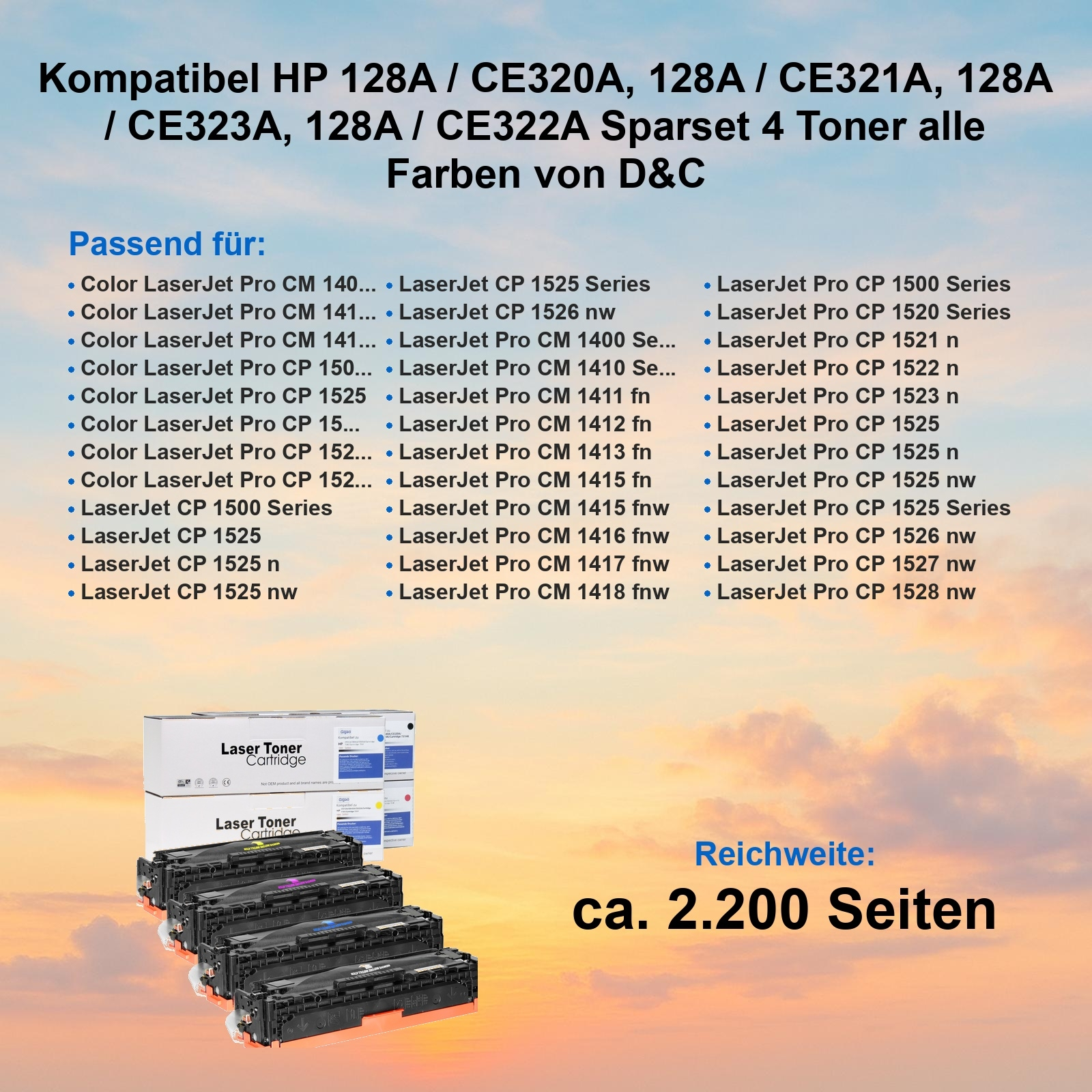 Das Bild zeigt Tonerkartuschen mit Produktdetails und eine Liste kompatibler Druckermodelle.