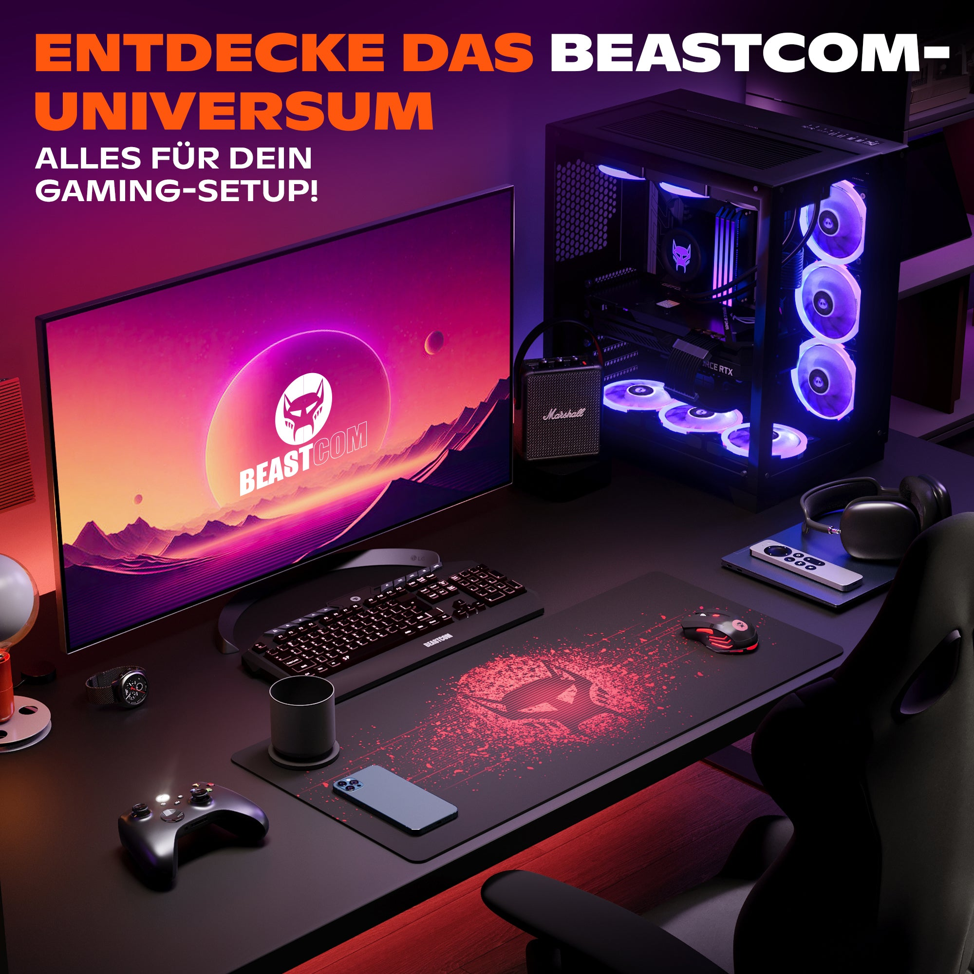 Konfiguracja do gier z komputerem, monitorem, klawiaturą, myszą, słuchawkami i kontrolerem. Fioletowo-czerwona kolorystyka.