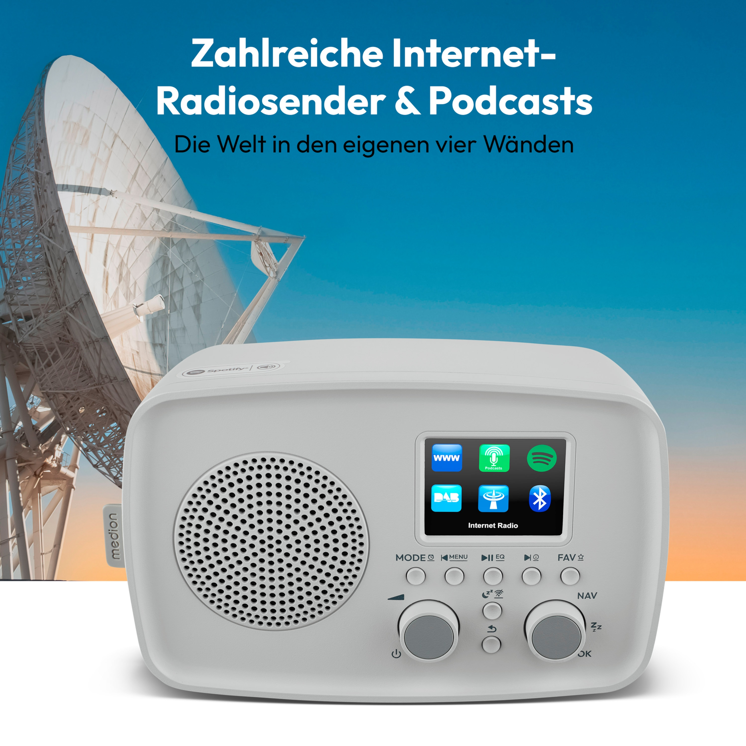 A white internet radio with icons for WWW, DAB, Podcasts, Spotify, and Bluetooth. A satellite dish is in the background.
