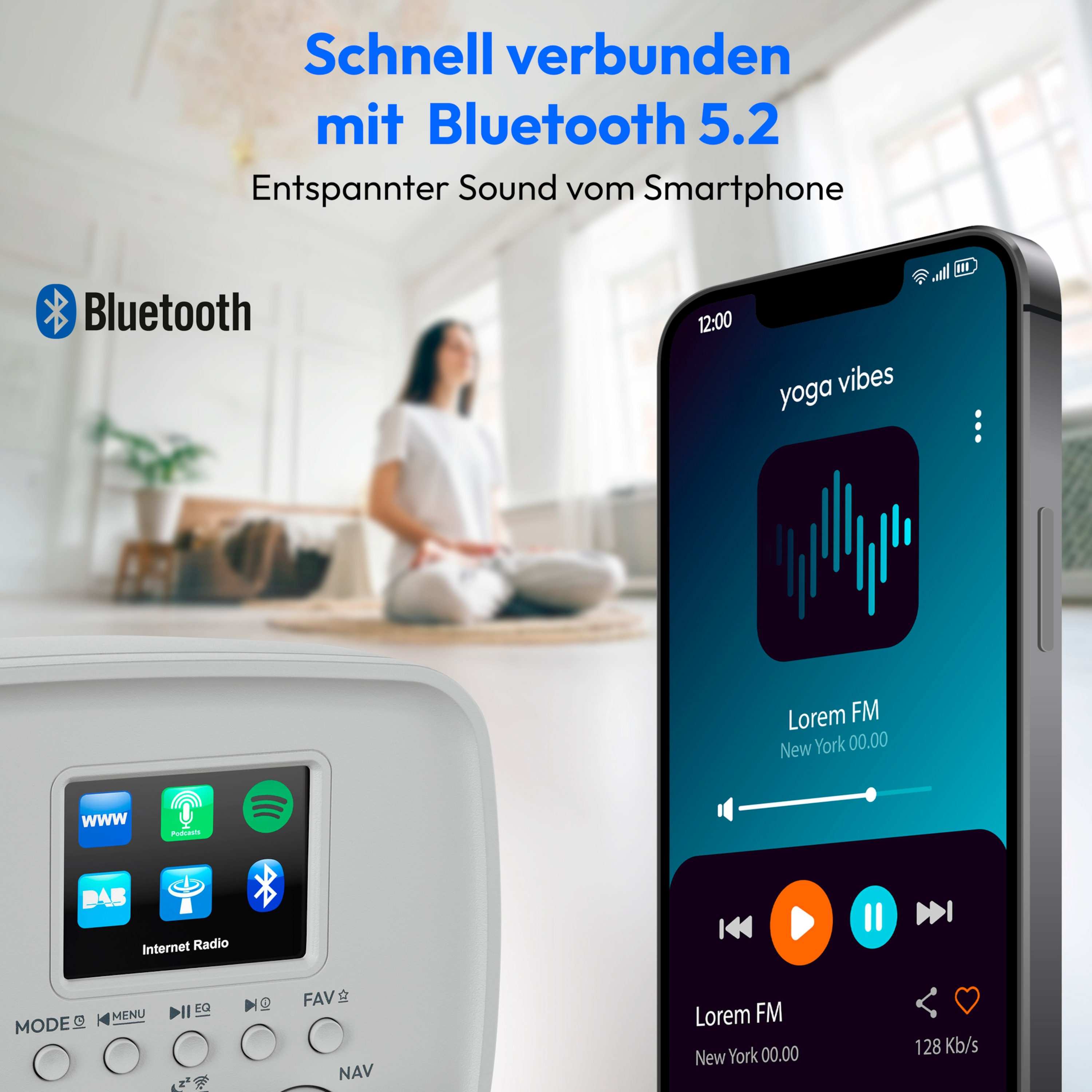 A white radio and a smartphone playing music. A woman is blurred in the background, meditating.