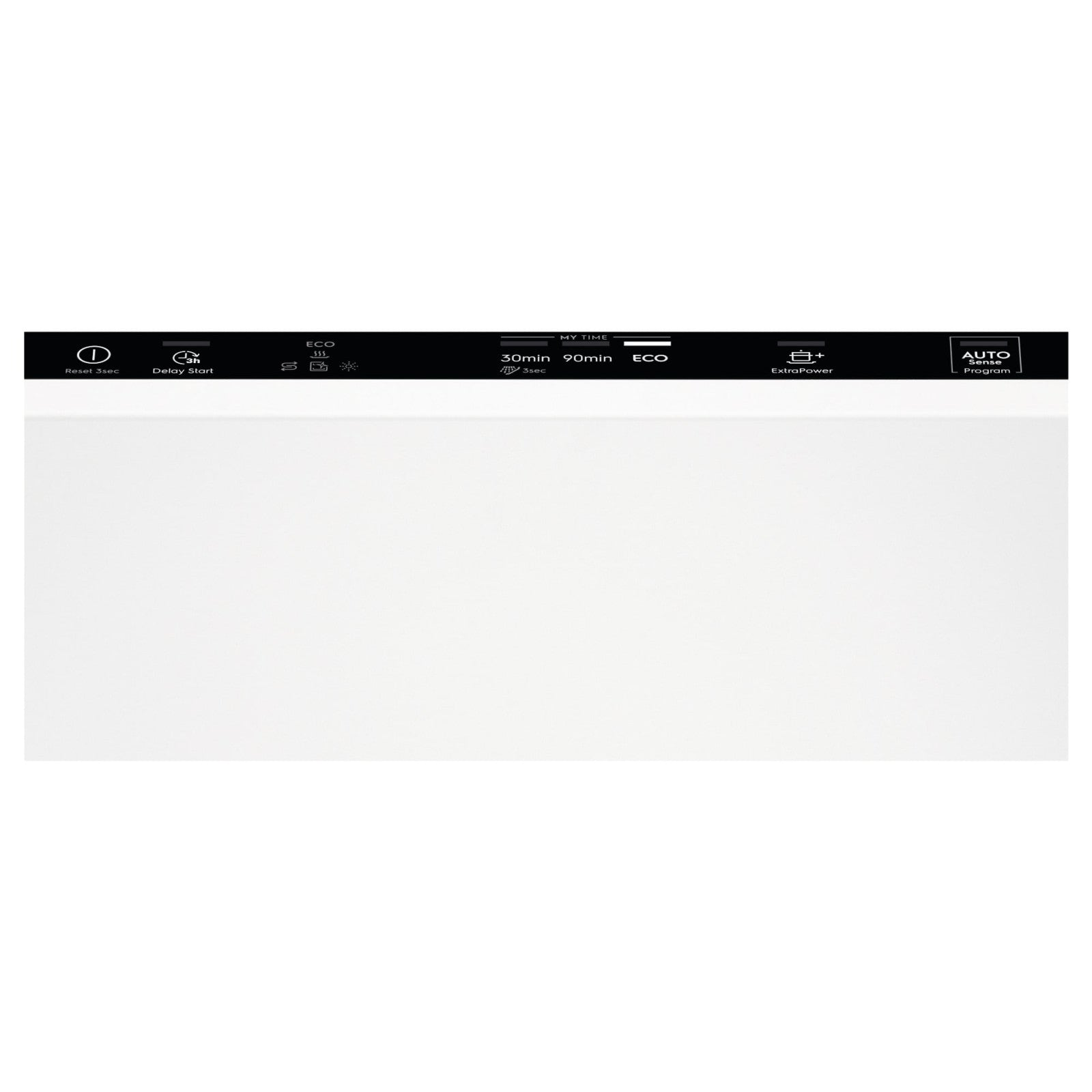 Pannello comandi lavastoviglie bianco con pulsanti e icone nere. Il testo include 'Reset', 'Delay Start', 'ECO' e 'Auto Program'.