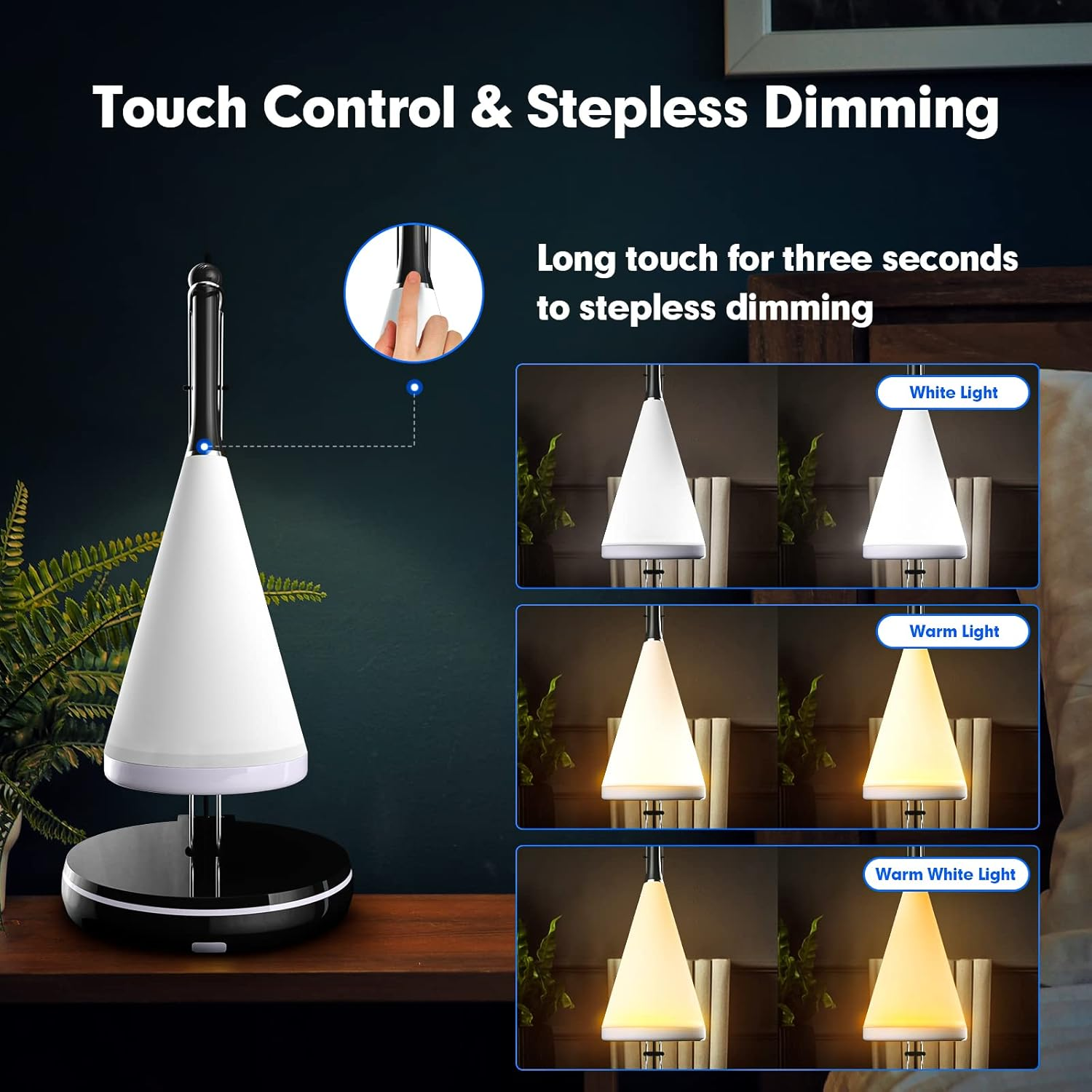 Eine weiß-schwarze, berührungsgesteuerte Lampe mit verschiedenen Lichteinstellungen. Zeigt das Dimmen per Touch-Steuerung.