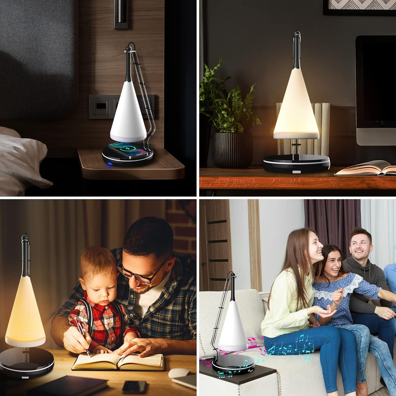 Eine moderne Lampe mit konischem Schirm wird in verschiedenen Umgebungen gezeigt. Menschen interagieren damit, und sie steht auf einem Nachttisch.