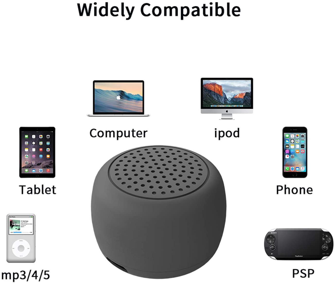 Das Bild zeigt einen Lautsprecher mit Tablet, Computer, iPod, Telefon, mp3 und PSP. Text: 'Weitgehend kompatibel'.