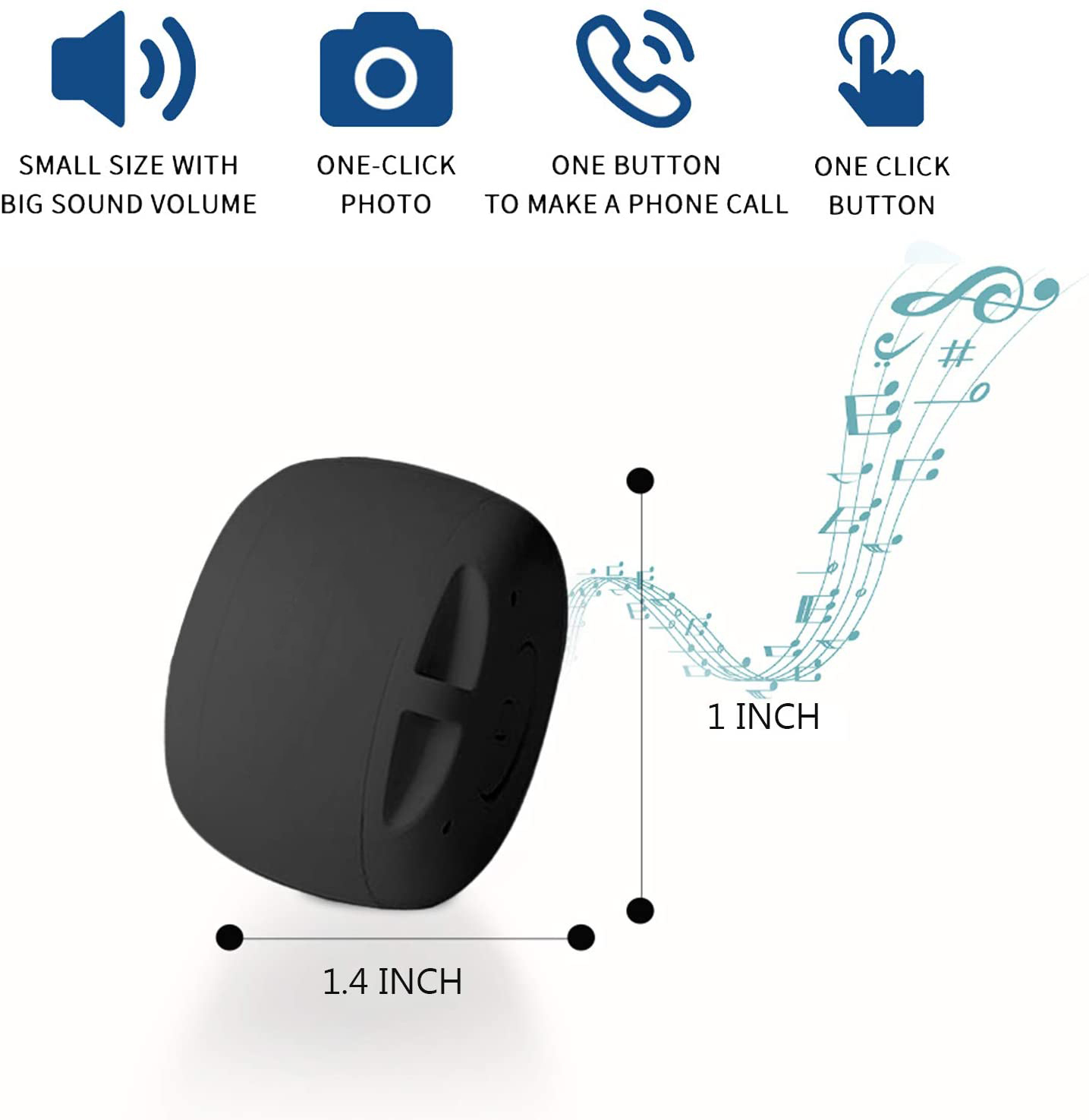 Schwarzes Audiogerät mit Symbolen für Lautstärke, Foto, Anruf und Taste. Maße sind 1,4 Zoll mal 1 Zoll. Noten werden gezeigt.