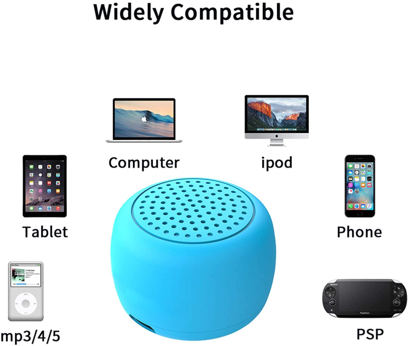Ein blauer Lautsprecher ist umgeben von einem Computer, iPod, Telefon, Tablet, mp3 und PSP, beschriftet mit 'Weitgehend kompatibel'.