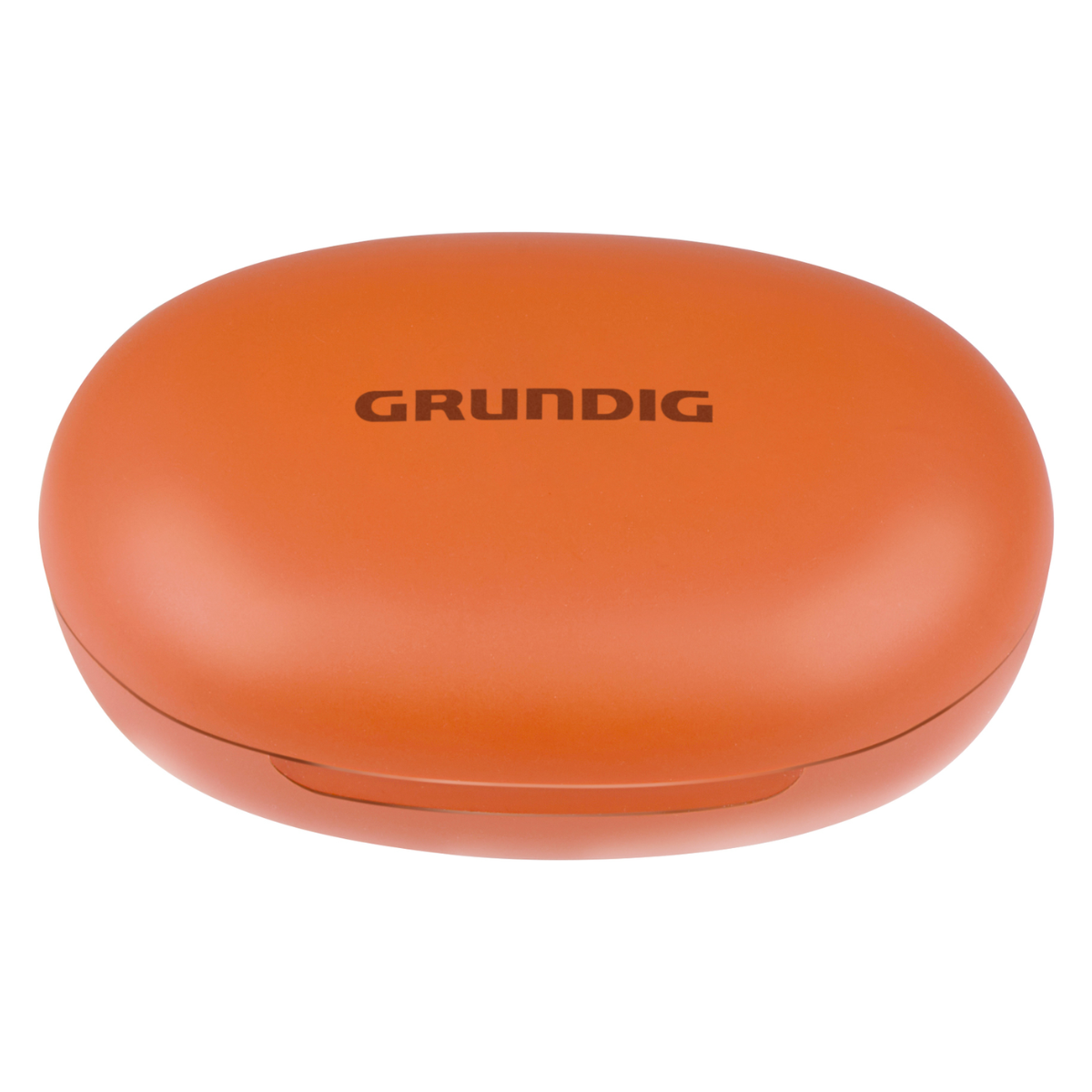 Ein orangefarbenes, ovales Etui mit dem Logo 'GRUNDIG'. Das Etui ist geschlossen und liegt auf weißem Hintergrund.