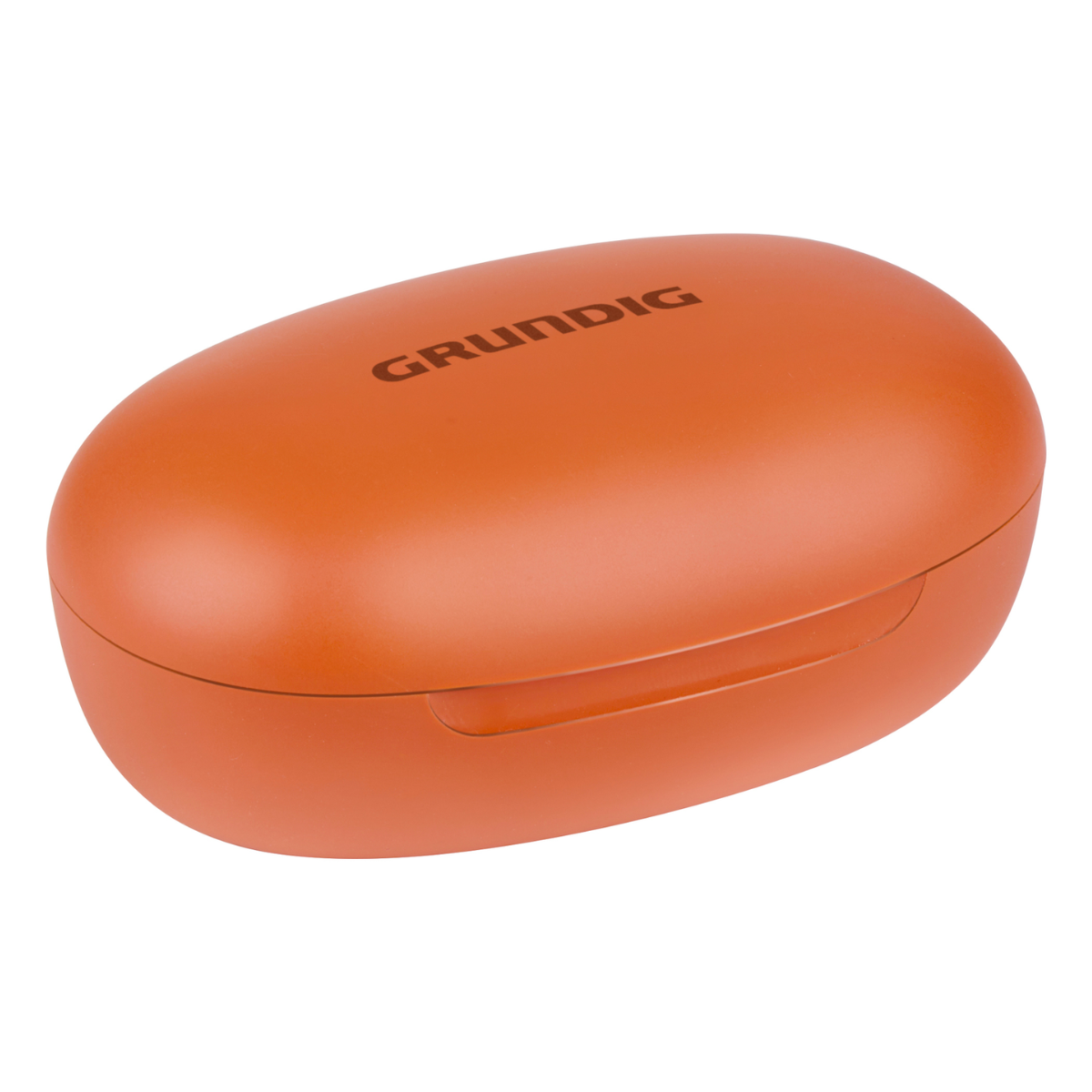 Eine orangefarbene, ovale Hülle mit dem Markennamen 'GRUNDIG' oben. Die Hülle ist geschlossen, was darauf hindeutet, dass sich etwas darin befindet.