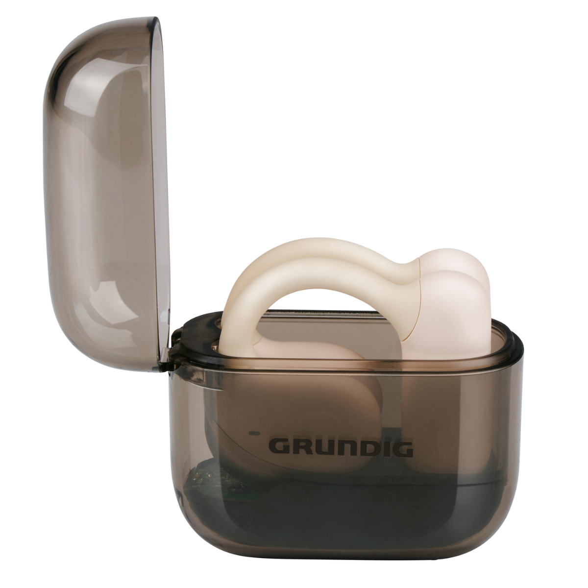 Open, transparent, brown case with off-white device inside. The case has a hinged lid. The device has curved arms.