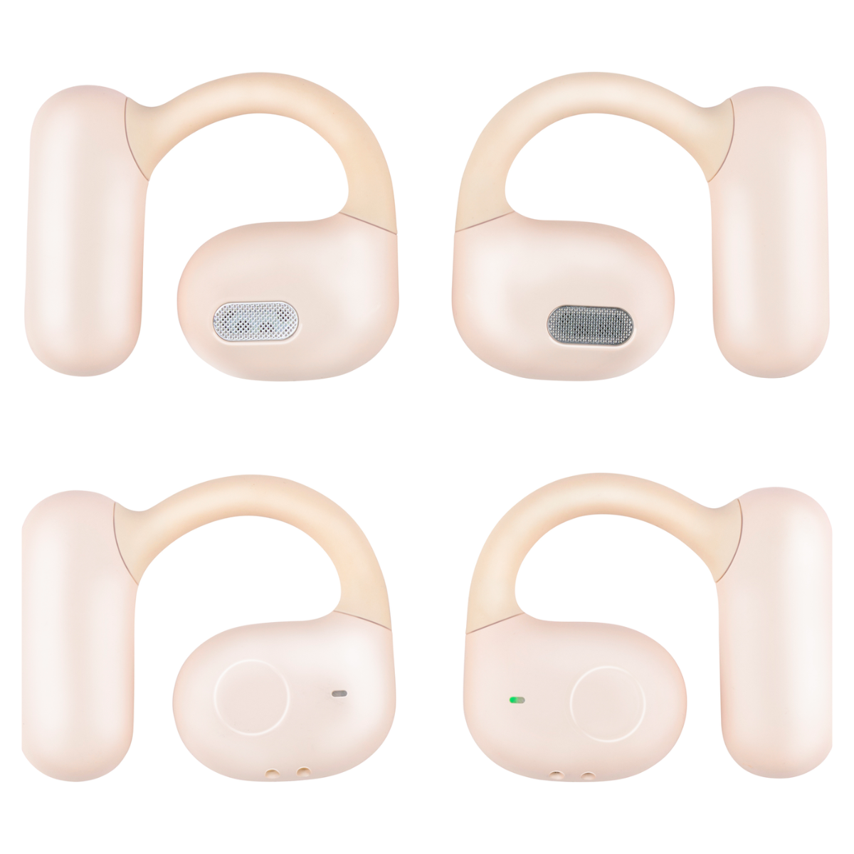 Four bone conduction headphones. They are light pink with a beige arch. Each has a speaker and a button or light.
