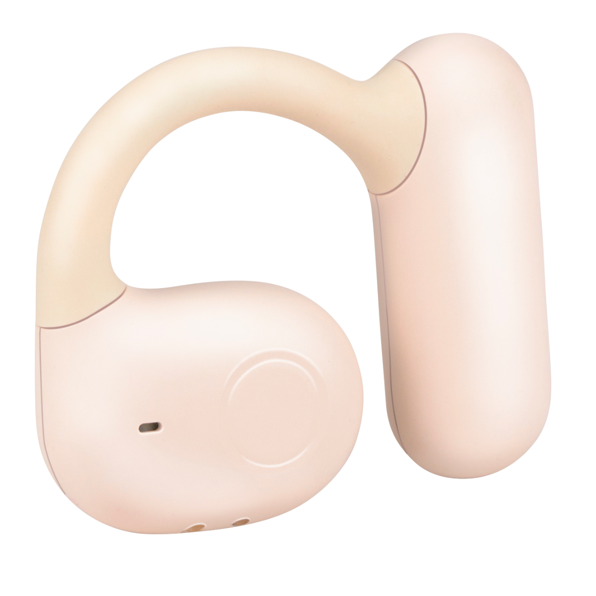 A light pink and beige bone conduction headphone. It has a curved design, with a circular and a rectangular part.