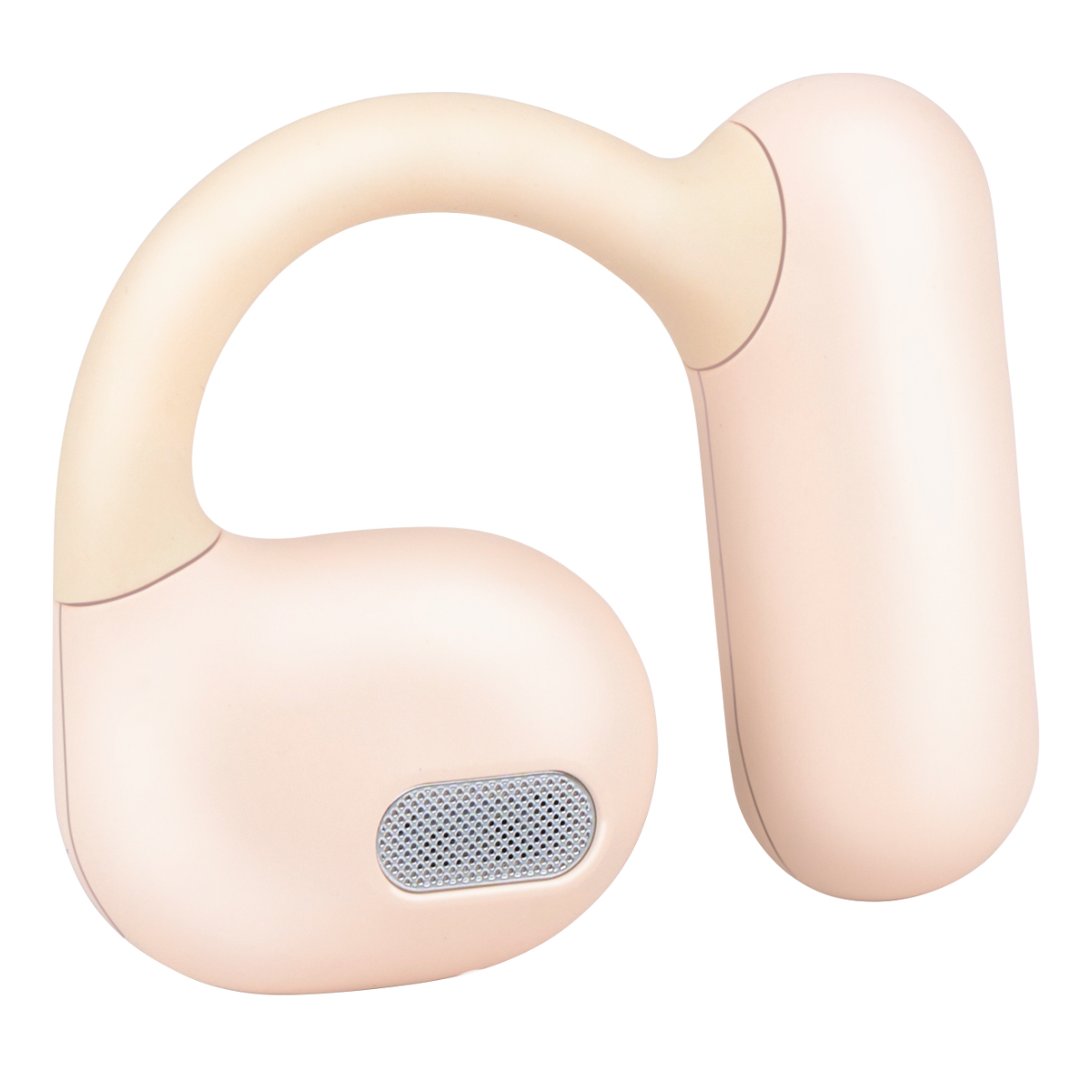 A light pink bone conduction headphone on a white background. It has a curved design with a speaker grill and earbud shape.