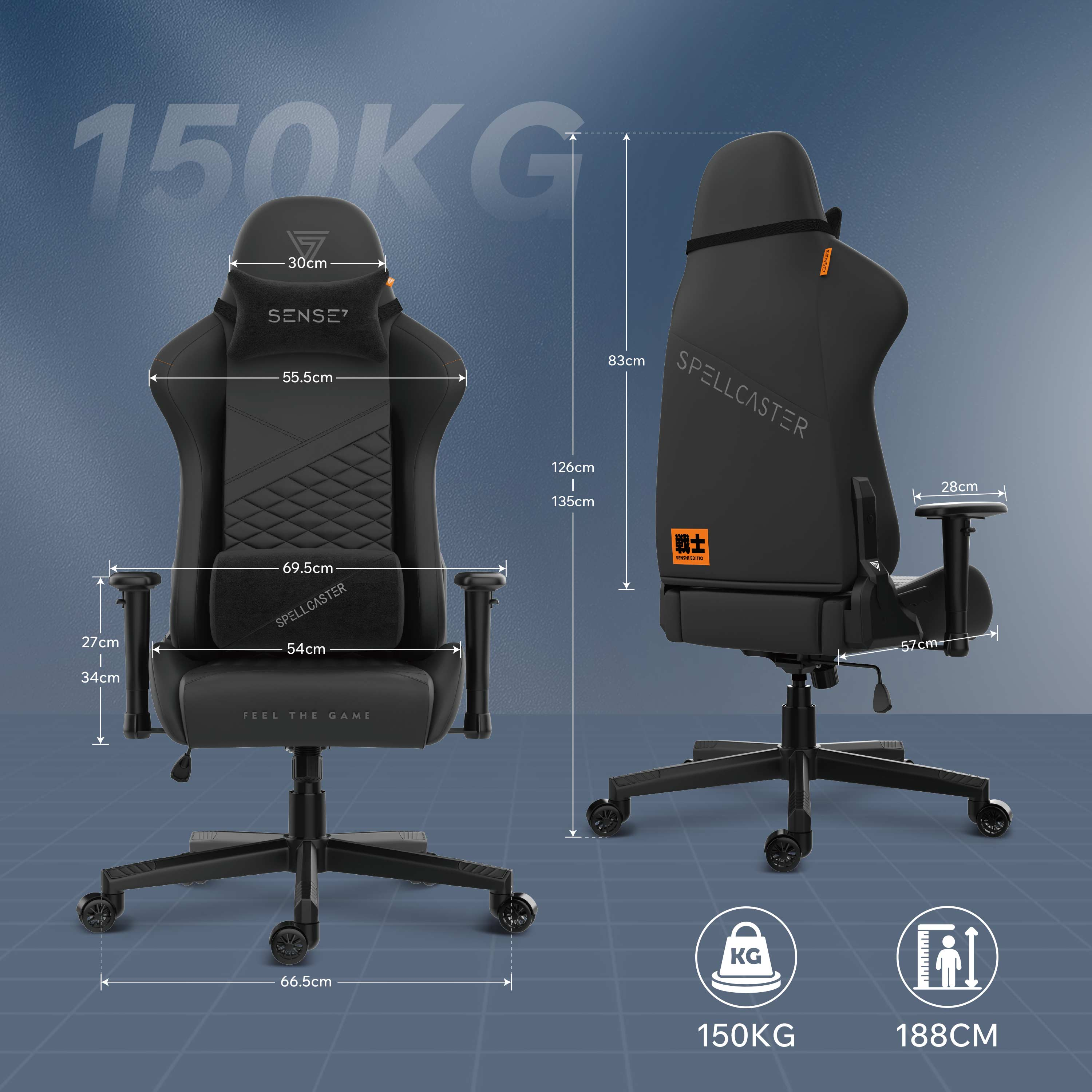 Zwarte gamingstoel met afmetingen en tekstlabels. Toont afmetingen en merknamen.