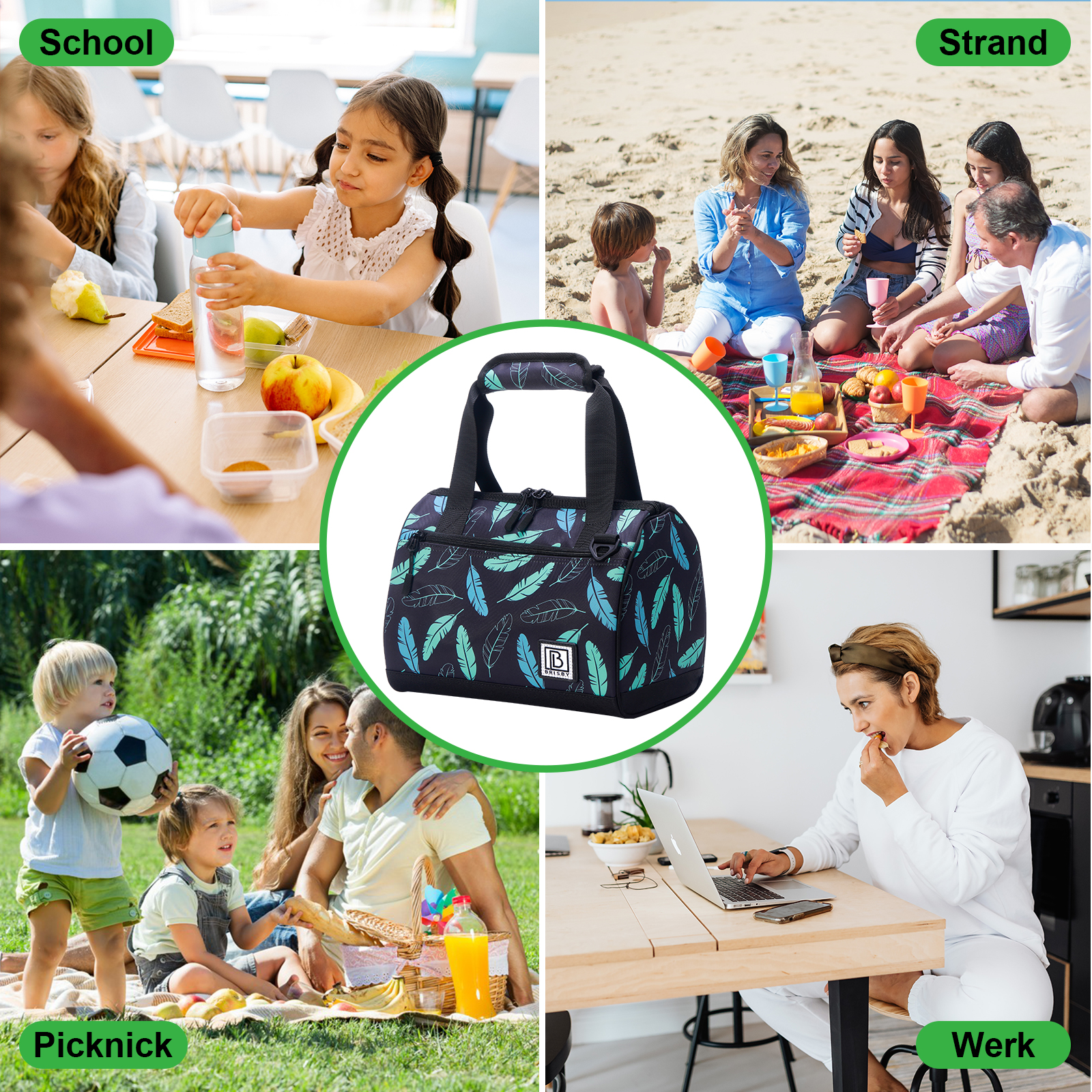 De afbeelding toont een tas met een verenpatroon, scènes van school, strand, picknick en werk.