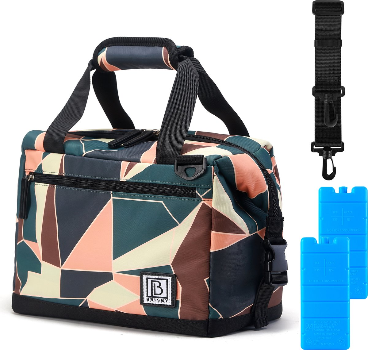 Een patroonkoeltas met handvatten, een schouderriem en twee blauwe koelelementen tegen een witte achtergrond.