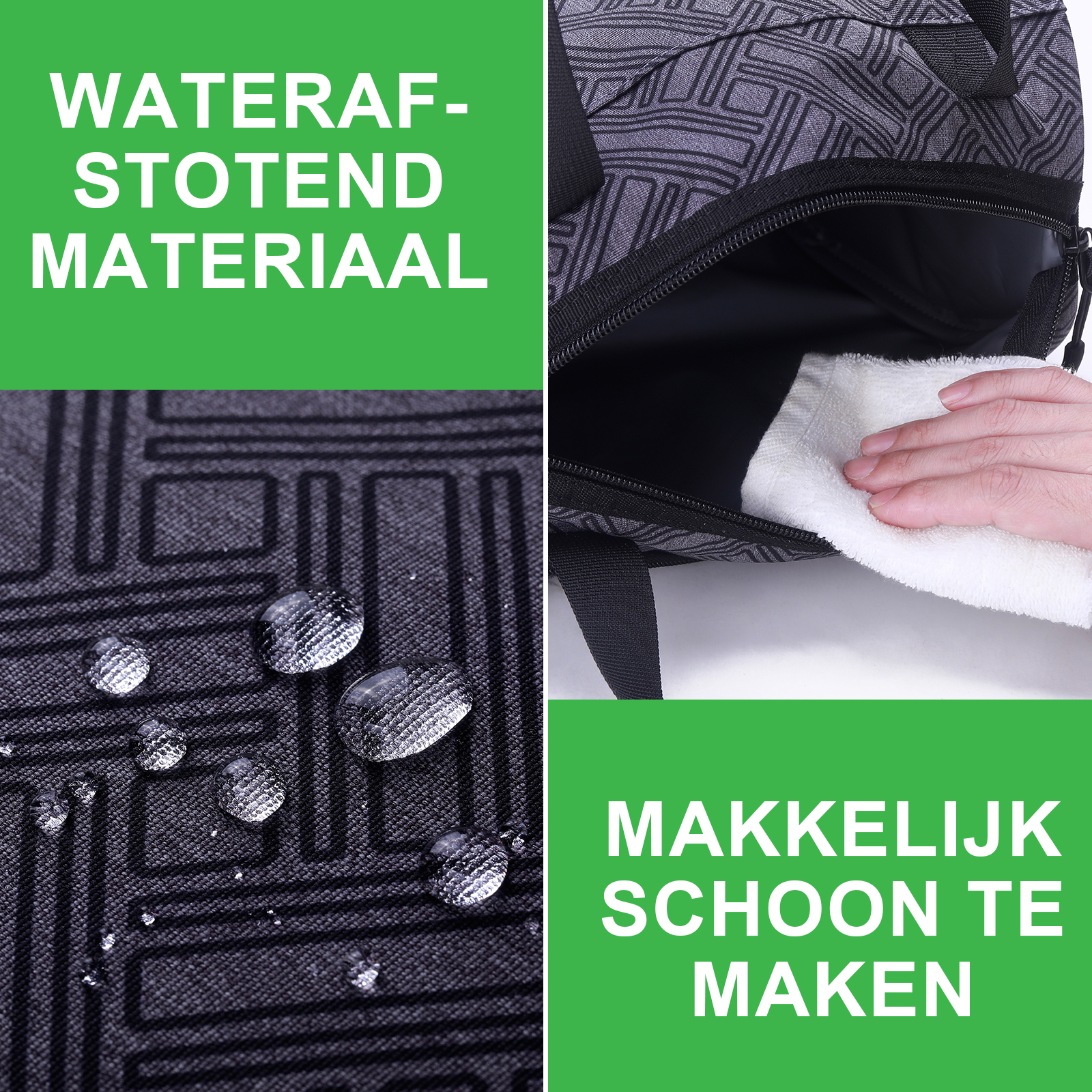 Afbeelding toont een tas, waterdruppels op stof en tekst over waterdichtheid en gemakkelijk schoonmaken.