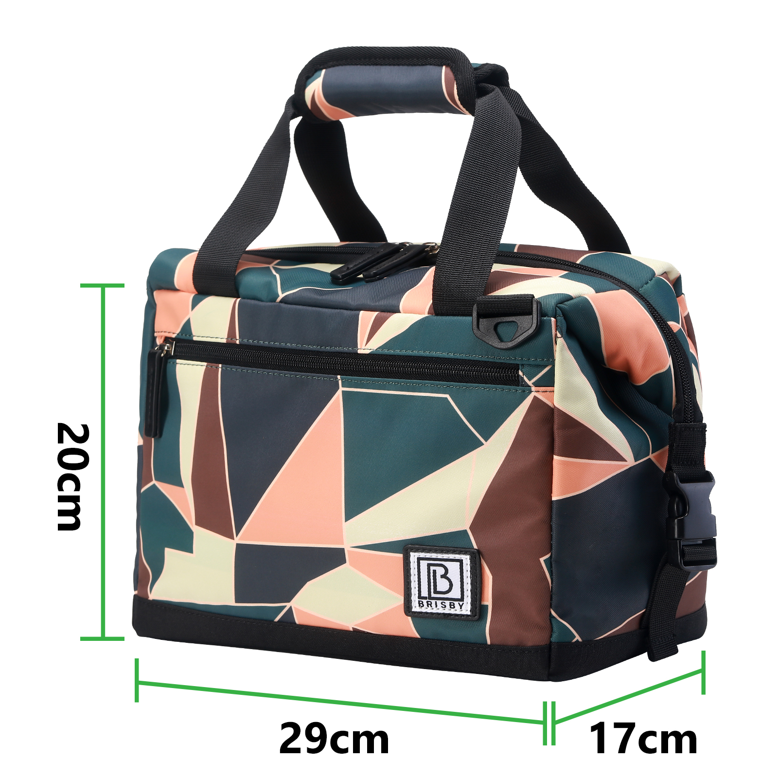 Een totebag met patroon en gelabelde afmetingen. Kleuren zijn groen, roze en bruin. Zwarte bandjes en handvat. De tas is gemarkeerd met 'Brisby'.