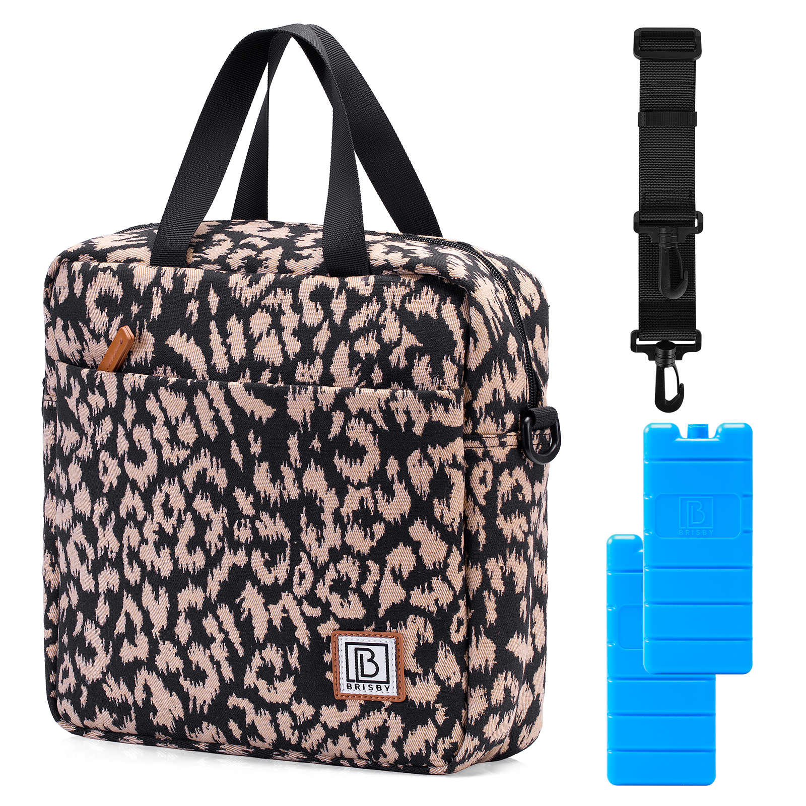 Een lunchtas met luipaardprint, zwarte bandjes, een schouderriem en twee blauwe koelelementen.