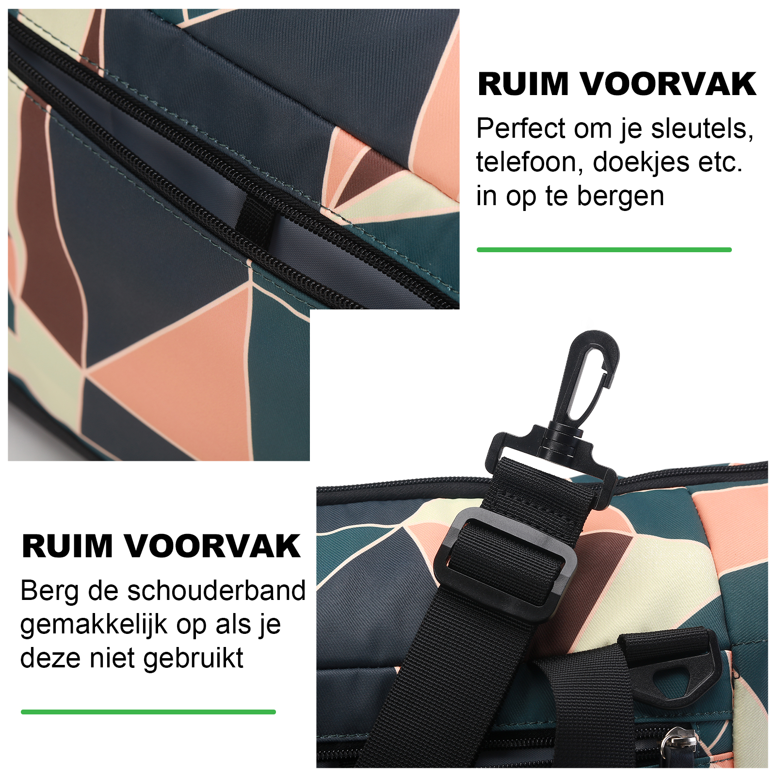 Tas met geometrisch patroon, zwarte riem en gesp. Tekstoverlay leest 'RUIM VOORVAK' en details over opslag.