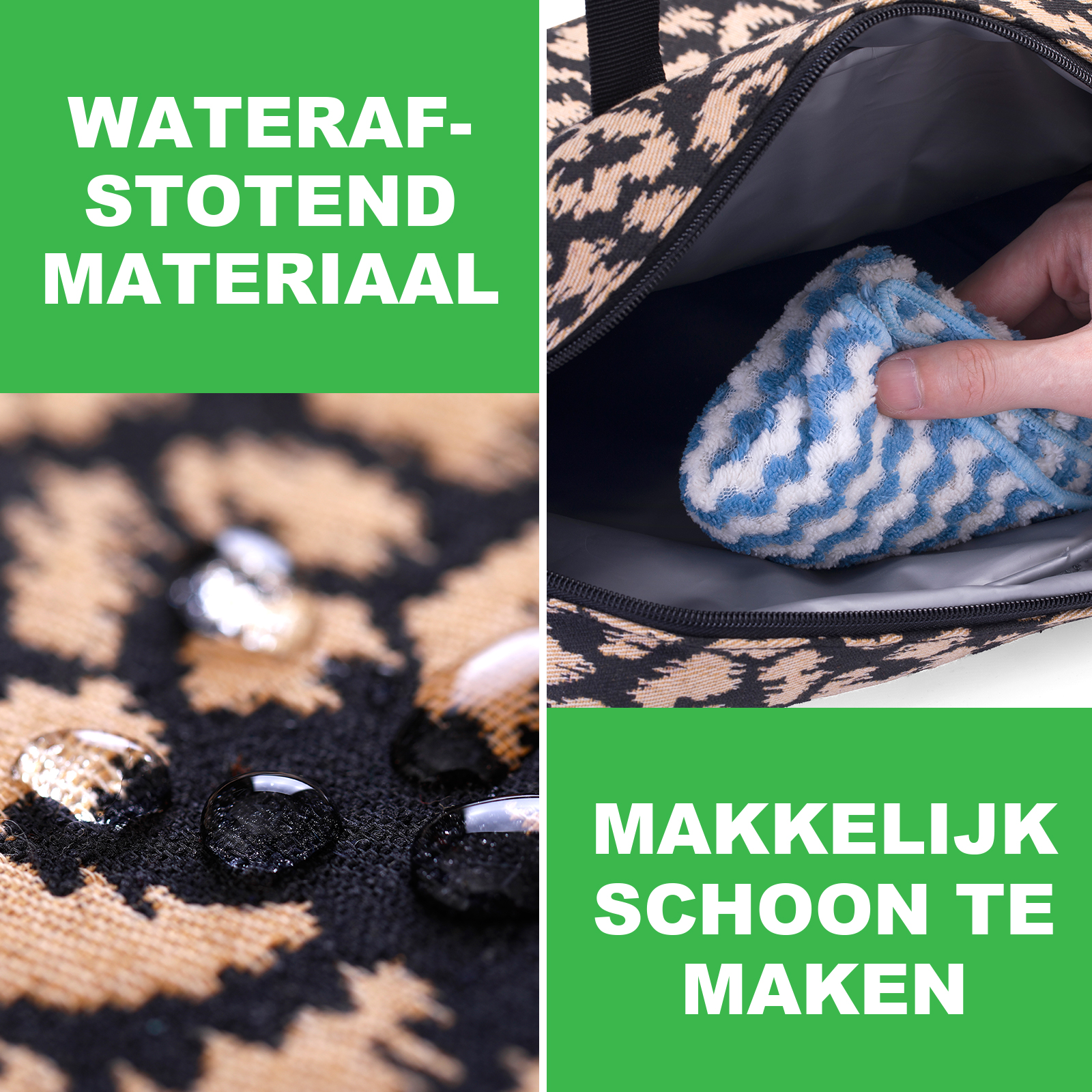 Afbeelding toont waterdruppels op stof, een tas met een schoonmaakdoek en tekst: waterafstotend materiaal, gemakkelijk schoon te maken.
