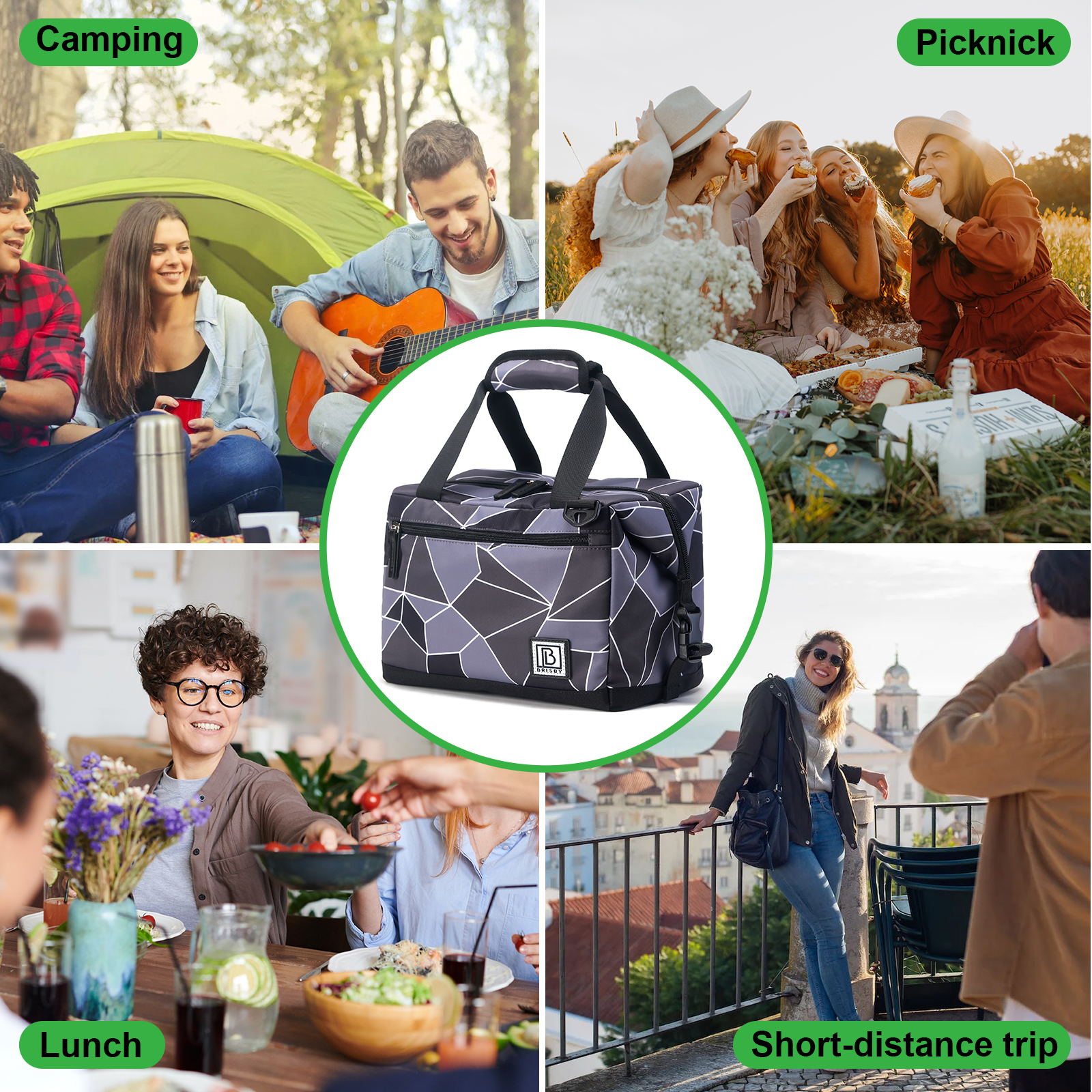 Een koeltas met geometrische patronen is omgeven door scènes van kamperen, picknicken, lunchen en een korte reis.