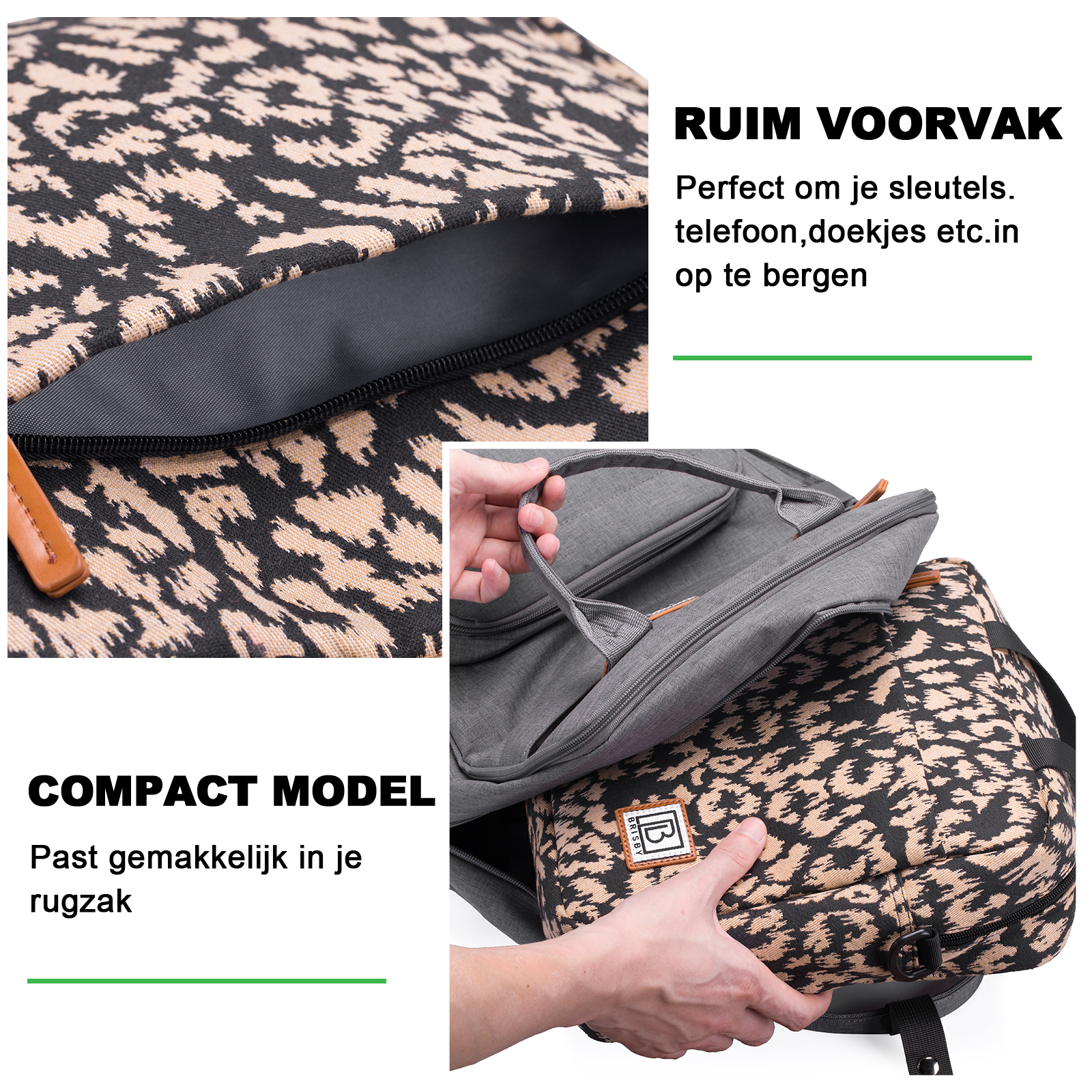 Een close-up van een tas met luipaardprint. Een hand houdt de handgreep vast. Tekst: Compact model, Ruim voorvak.