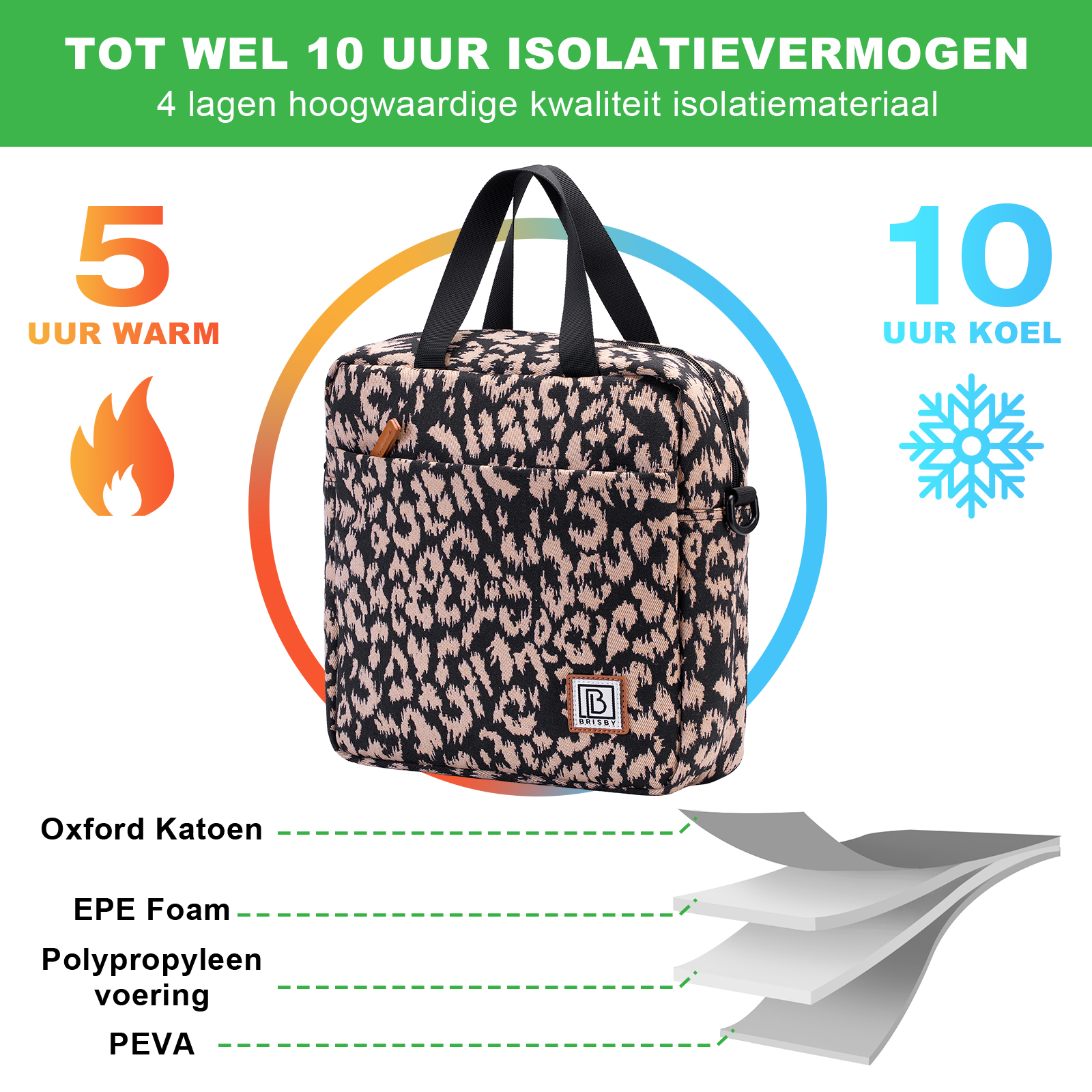 Een geïsoleerde lunchtas met luipaardprint, met vlammen en een sneeuwvlok die 5 uur warm, 10 uur koud aangeeft.