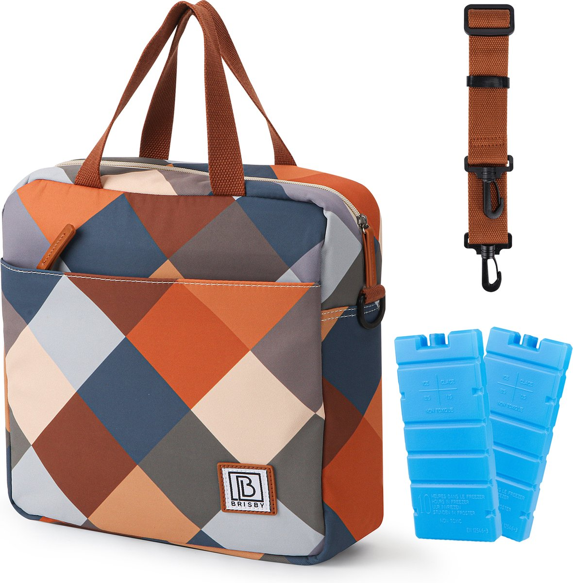 Een lunchtas met een bruin handvat, riem en twee blauwe koelelementen. De tas heeft een geometrisch patroon in oranje, grijs en blauw.
