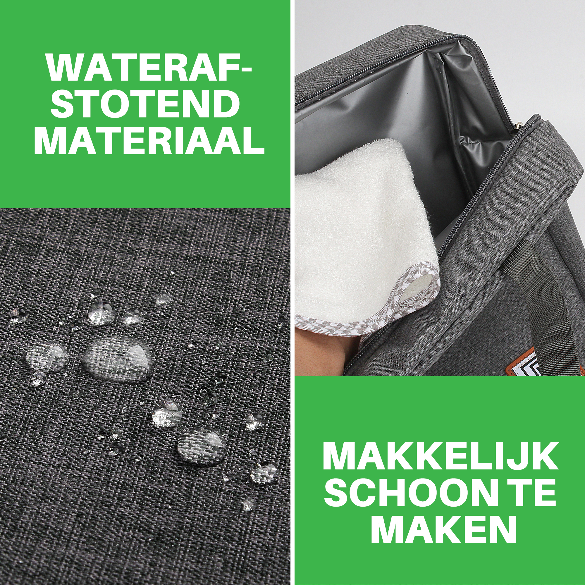 Grijze tas met witte handdoek erin. Waterdruppels op de stof. Tekst: Waterdicht materiaal, gemakkelijk schoon te maken.