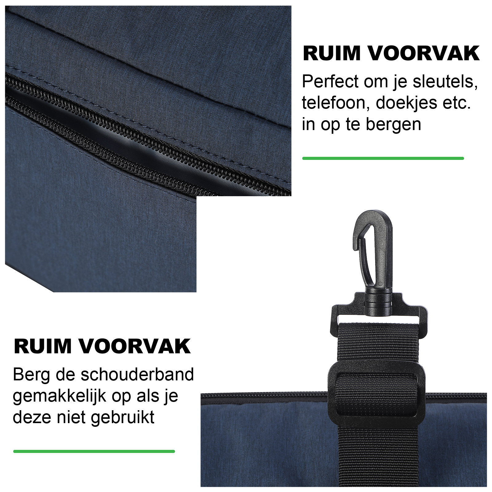 De afbeelding toont een detail van een tas met rits, band en haak. De tekst beschrijft een ruime voorzak.