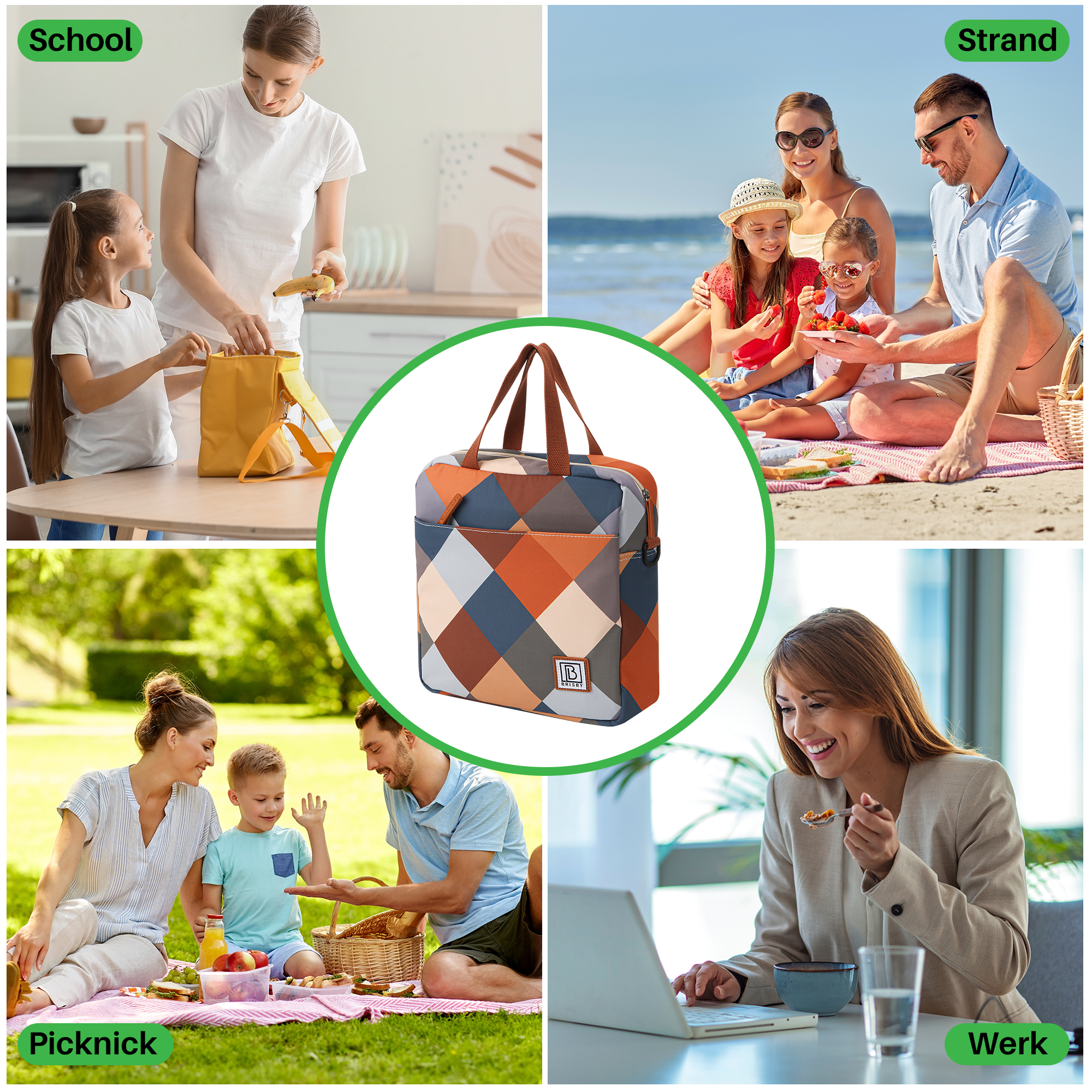 Afbeelding toont een lunchtas en scènes van school, strand, picknick en werk. Mensen eten, werken en genieten van activiteiten.