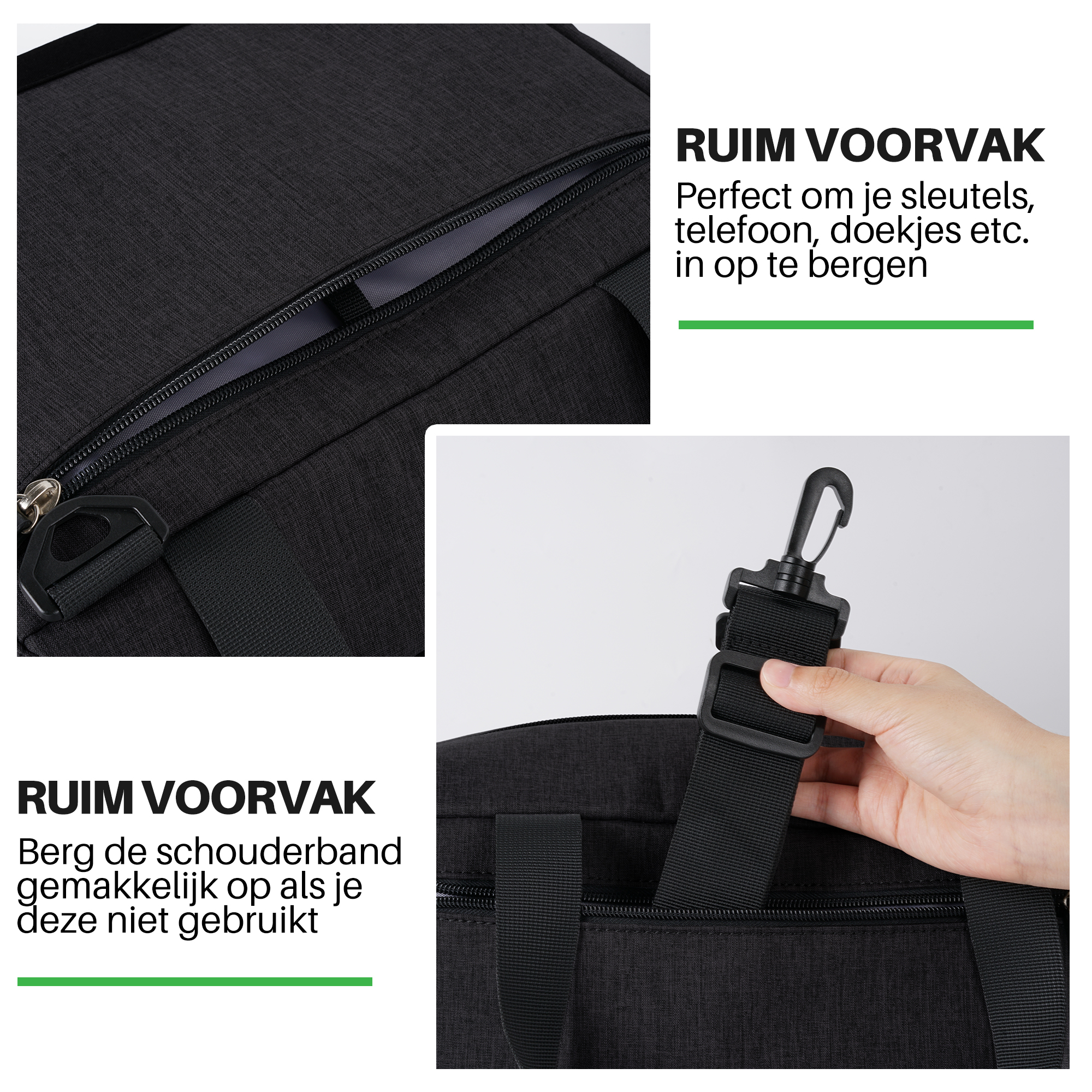 Zwarte tas met rits en riem. Een hand houdt de riem vast. Tekst in het Nederlands. Tas op witte achtergrond.