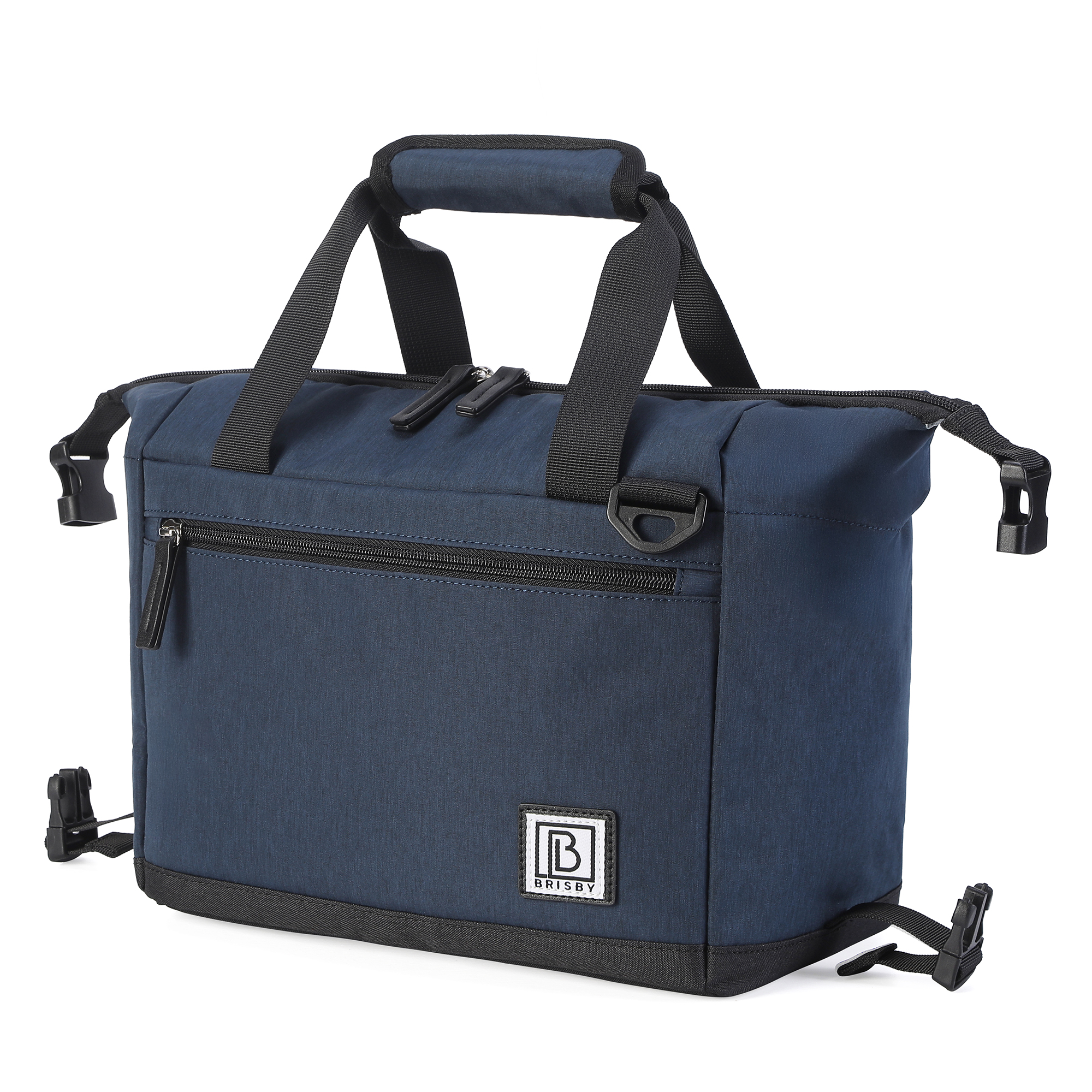 Een marineblauwe tote tas met zwarte handvatten, ritsen en een merkpatch. De tas heeft een rechthoekige vorm en een witte achtergrond.