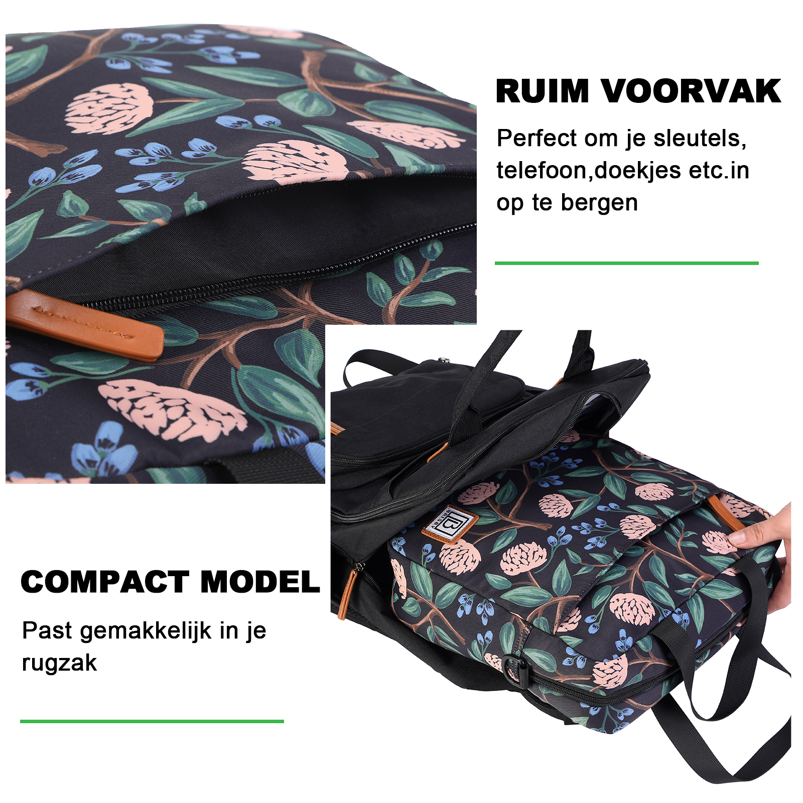 Een rugzak met bloemenpatroon, open om het binnenvak te laten zien. Tekst op de afbeelding beschrijft de kenmerken ervan.