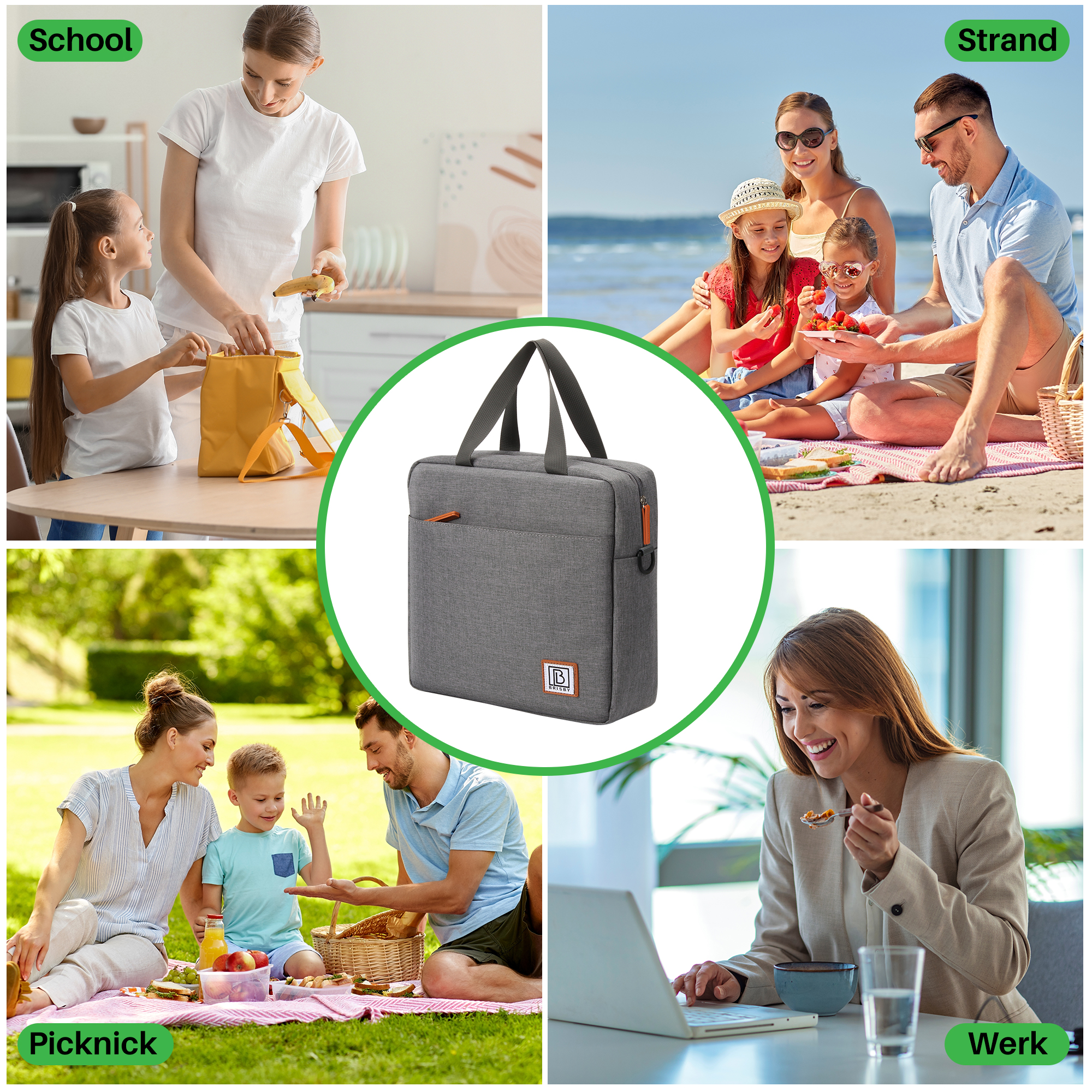 Afbeelding toont een grijze aktetas en scènes van school, strand, picknick en werk, elk met mensen in verschillende omgevingen.