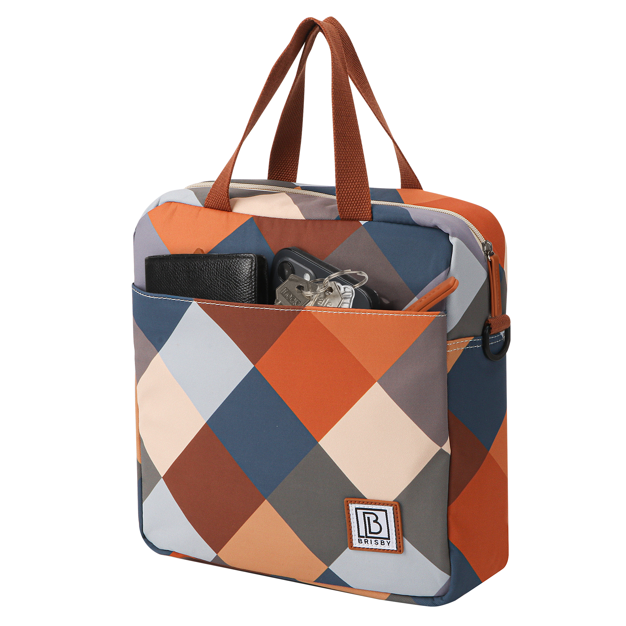 Een vierkante draagtas met een geometrisch patroon in oranje, blauw en grijs. Het heeft bruine handvatten en een zak met portemonnee en sleutels.