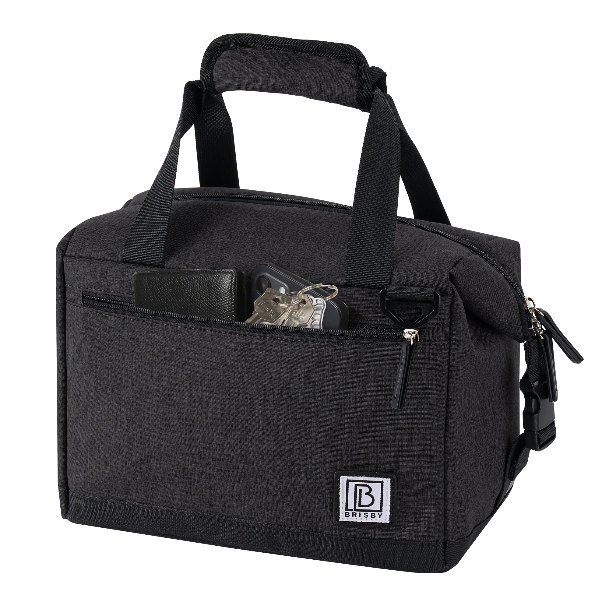 Zwarte Brisby tas met handvat, rits en zak met sleutels en portemonnee. Witte achtergrond.