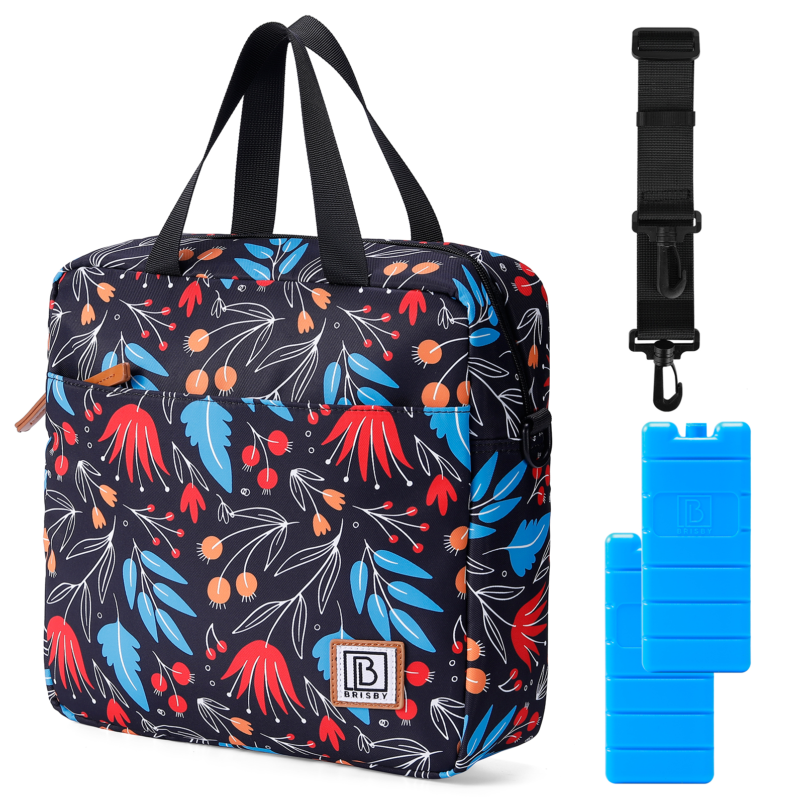 Een bloemenlunchtas met handvatten, een riem en twee blauwe koelelementen.