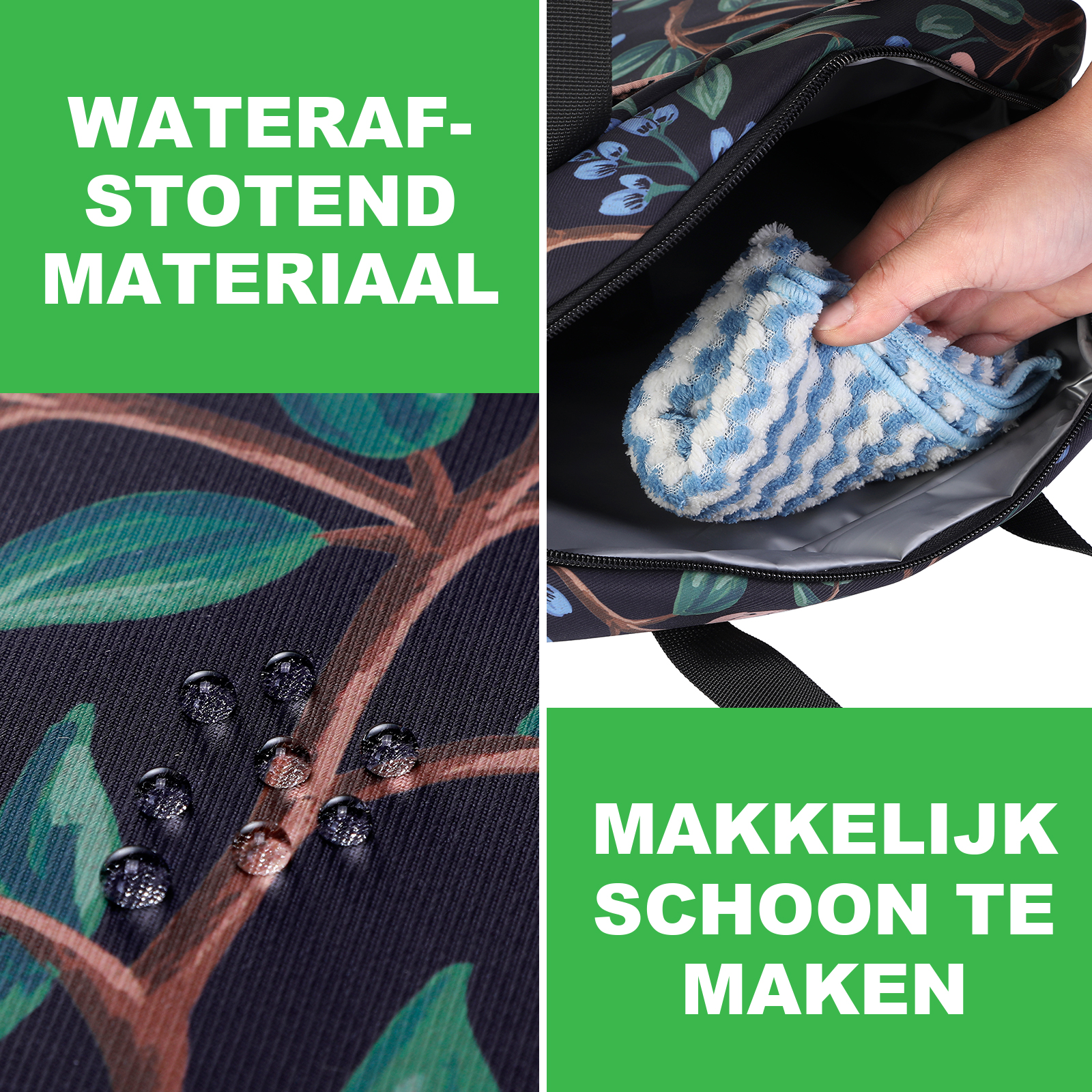Een hand houdt een blauw-witte doek uit een tas met bloemenprint. Waterdruppels zijn zichtbaar op de stof.