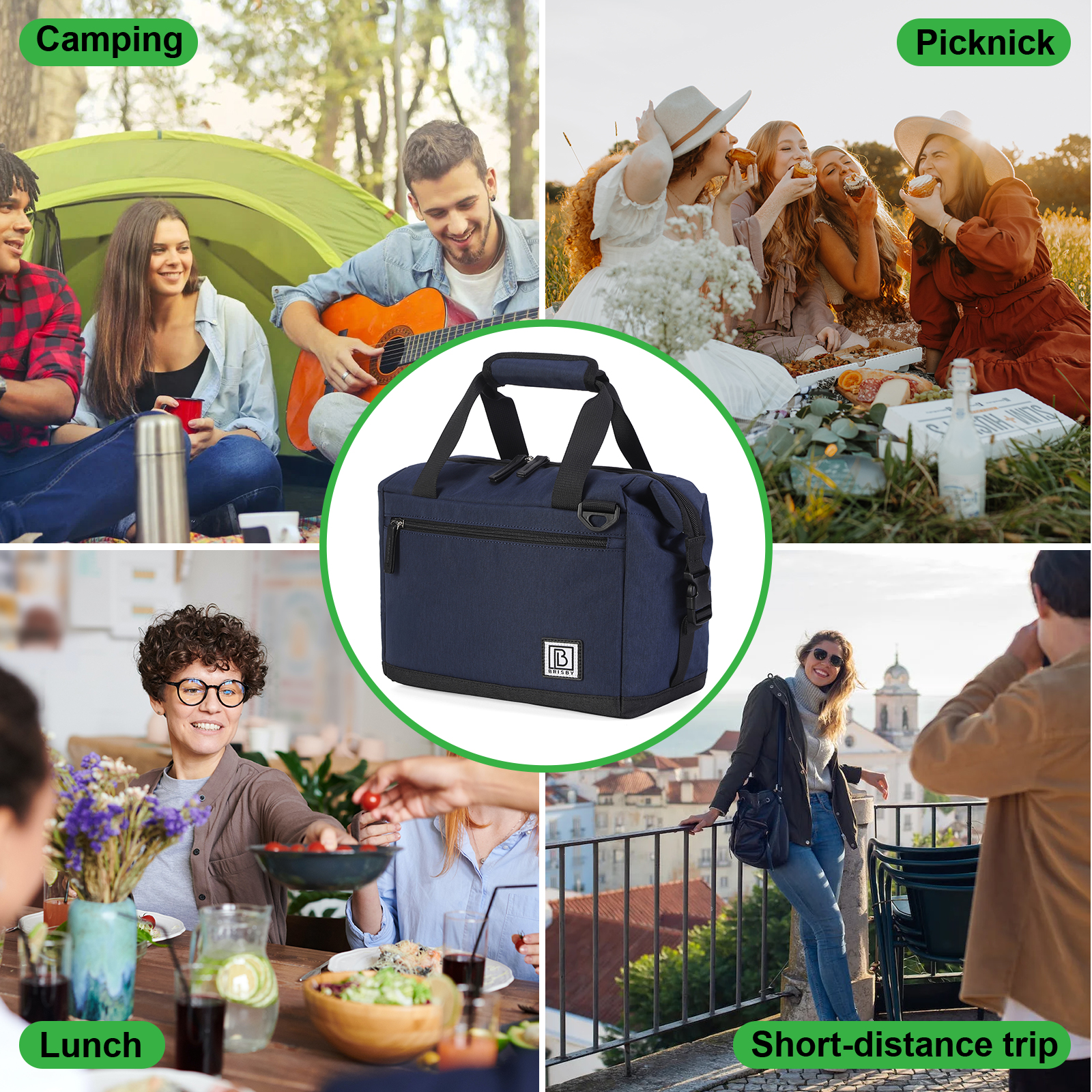Afbeelding toont scènes van kamperen, picknicken, lunchen en een korte trip. Een blauwe koeltas staat in het midden.