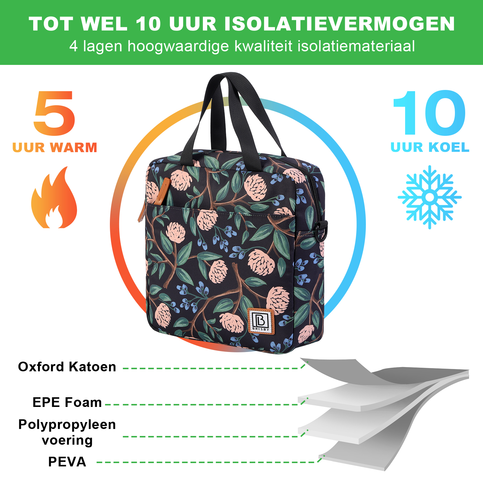 Een geïsoleerde lunchtas met bloemenpatroon. Labels tonen '5 uur warm', '10 uur koel'. De tas is zwart met roze bloemen.